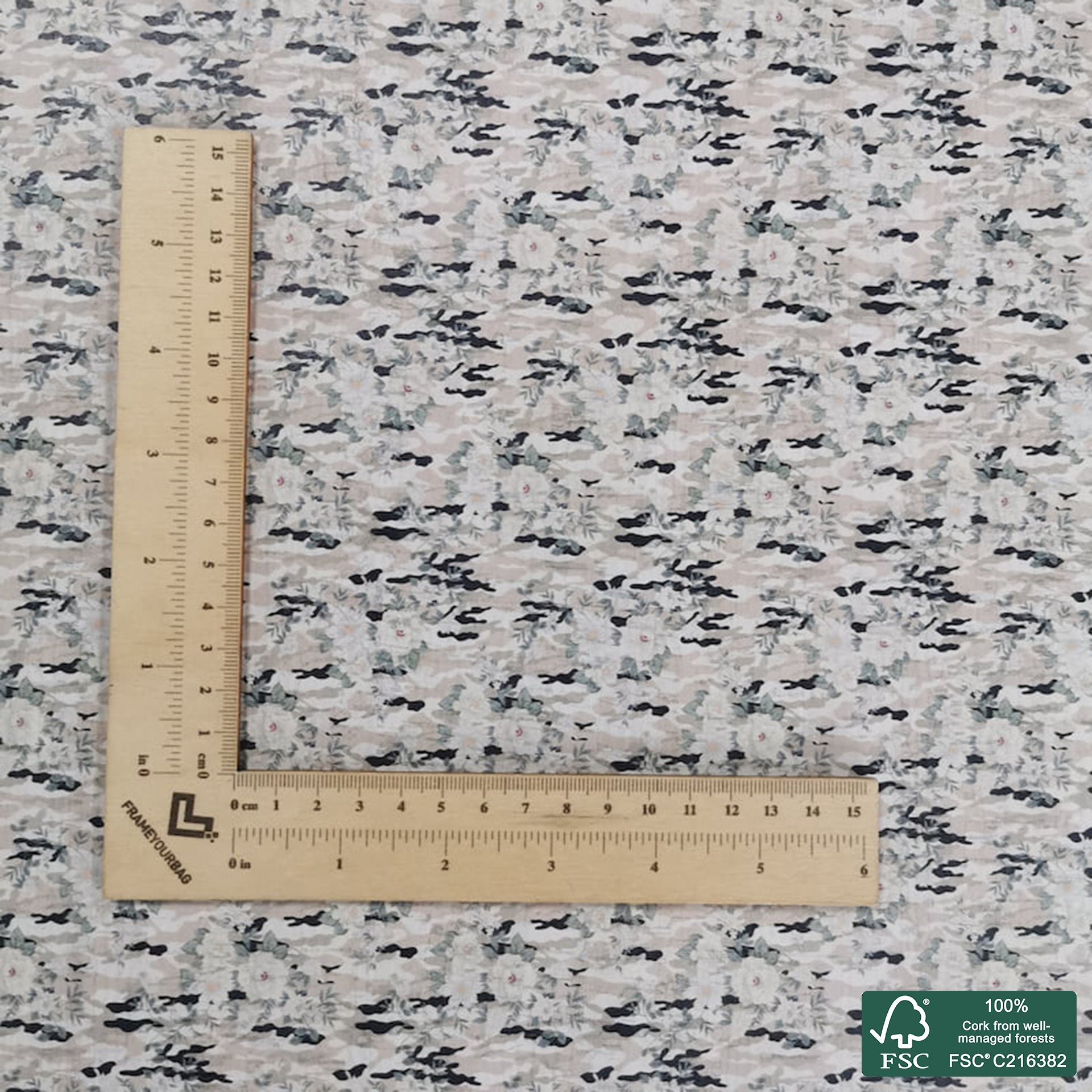 Flowers printed pattern on white cork fabric (329)