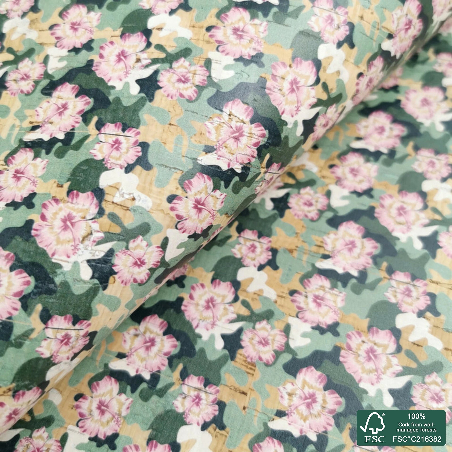 Flowers printed pattern on natural cork fabric (333)