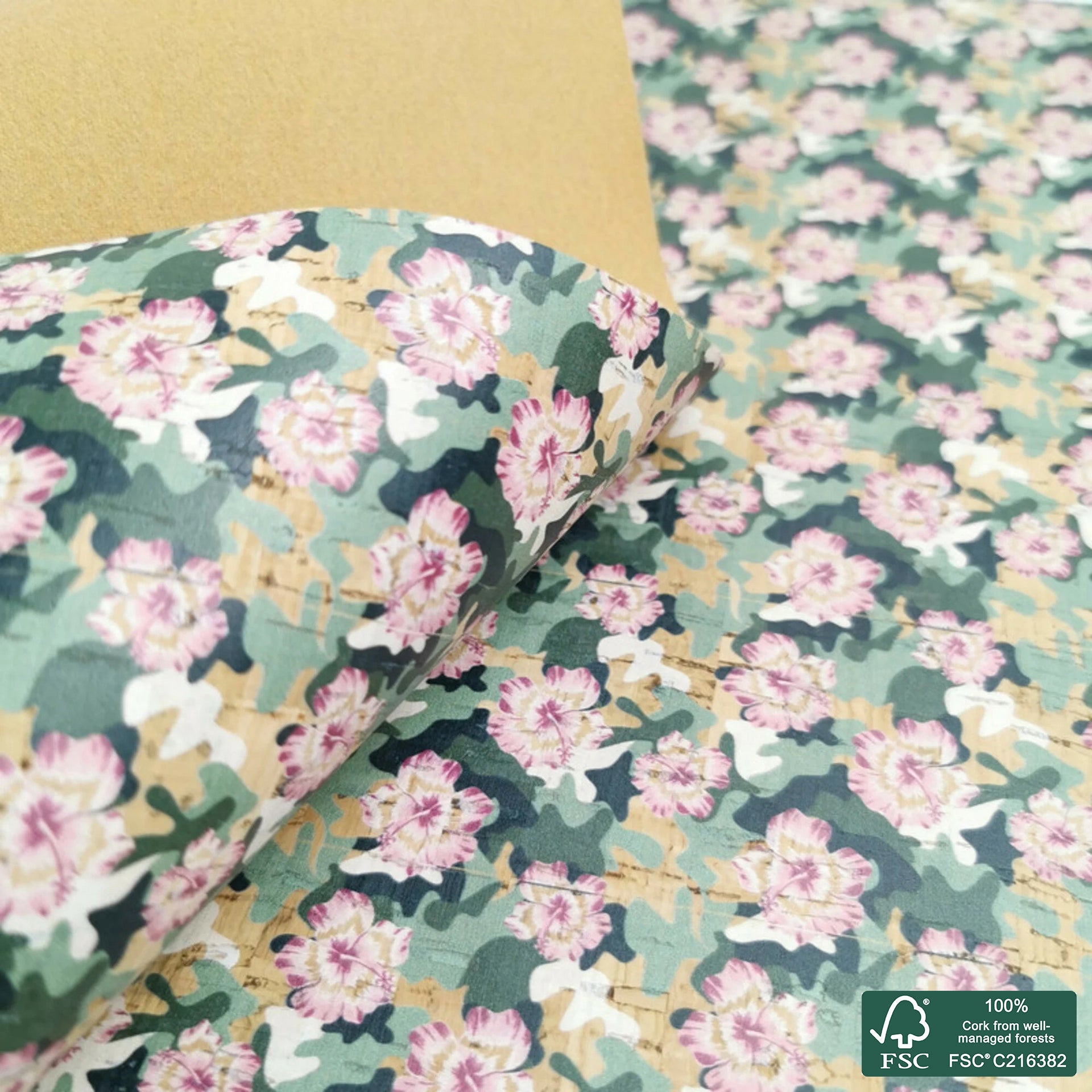 Flowers printed pattern on natural cork fabric (333)