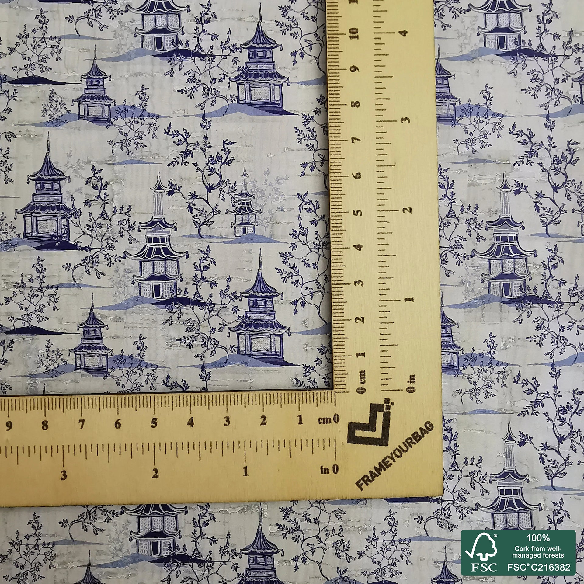 Chinese pagodas printed pattern on white cork fabric (337)