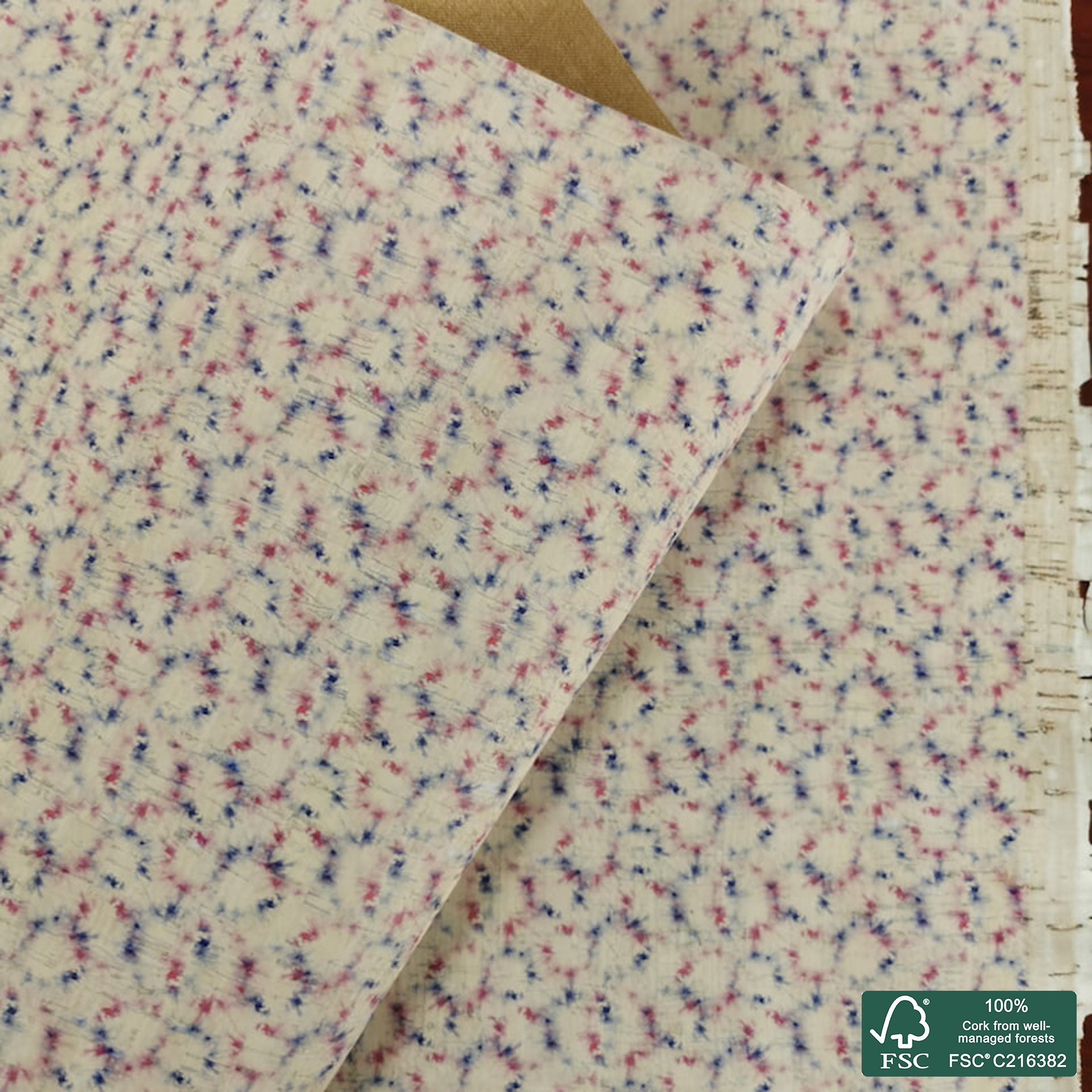 Abstract printed pattern on white cork fabric (338)