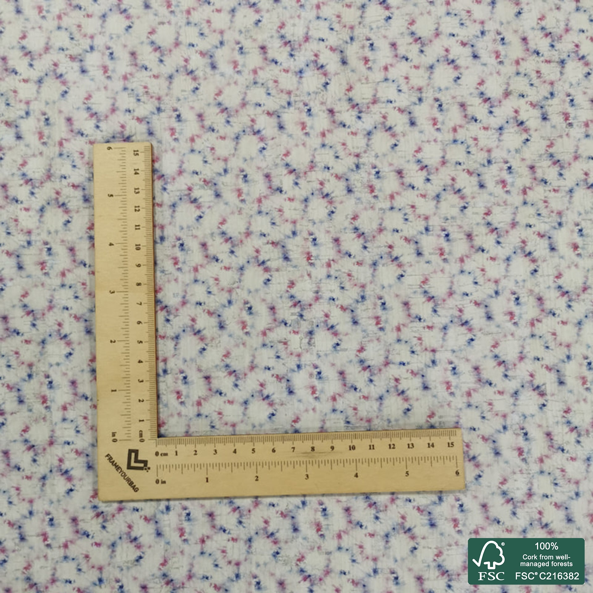 Abstract printed pattern on white cork fabric (338)