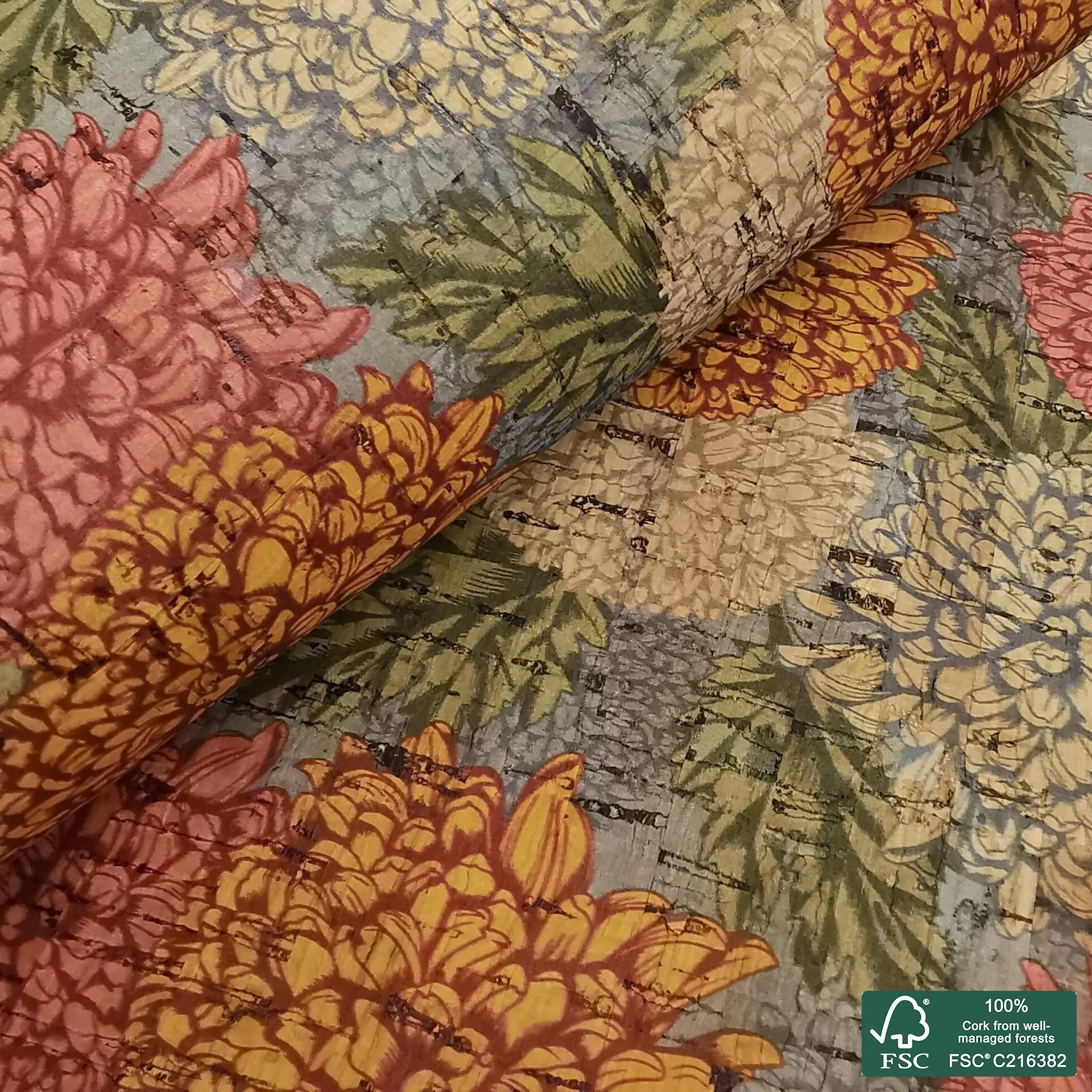 Flowers printed pattern on natural cork fabric (344)