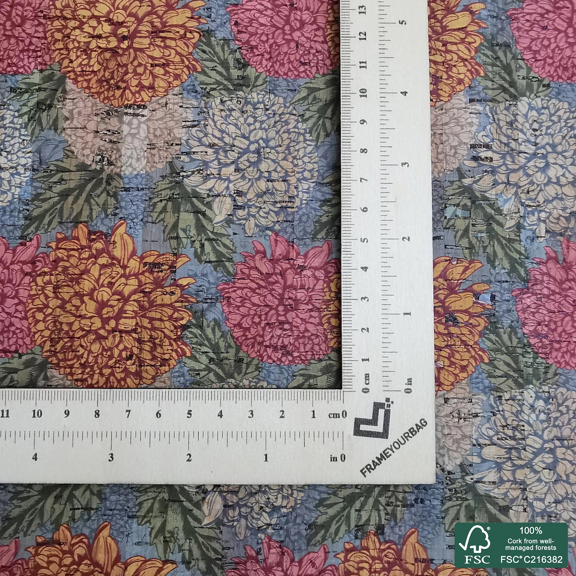 Flowers printed pattern on natural cork fabric (344)