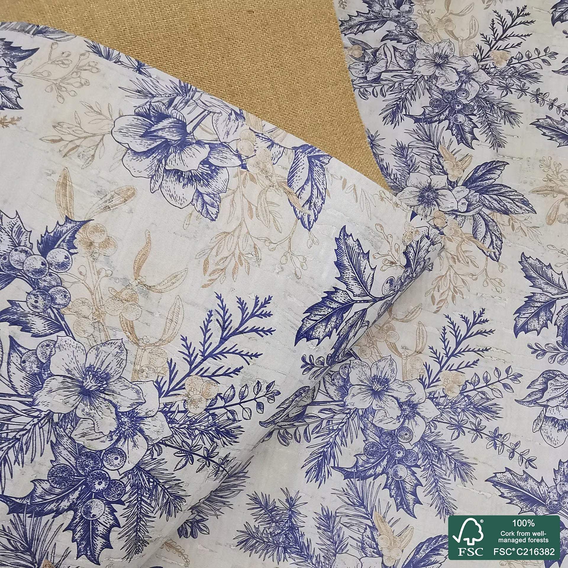 Christmas printed pattern on white cork fabric (346)