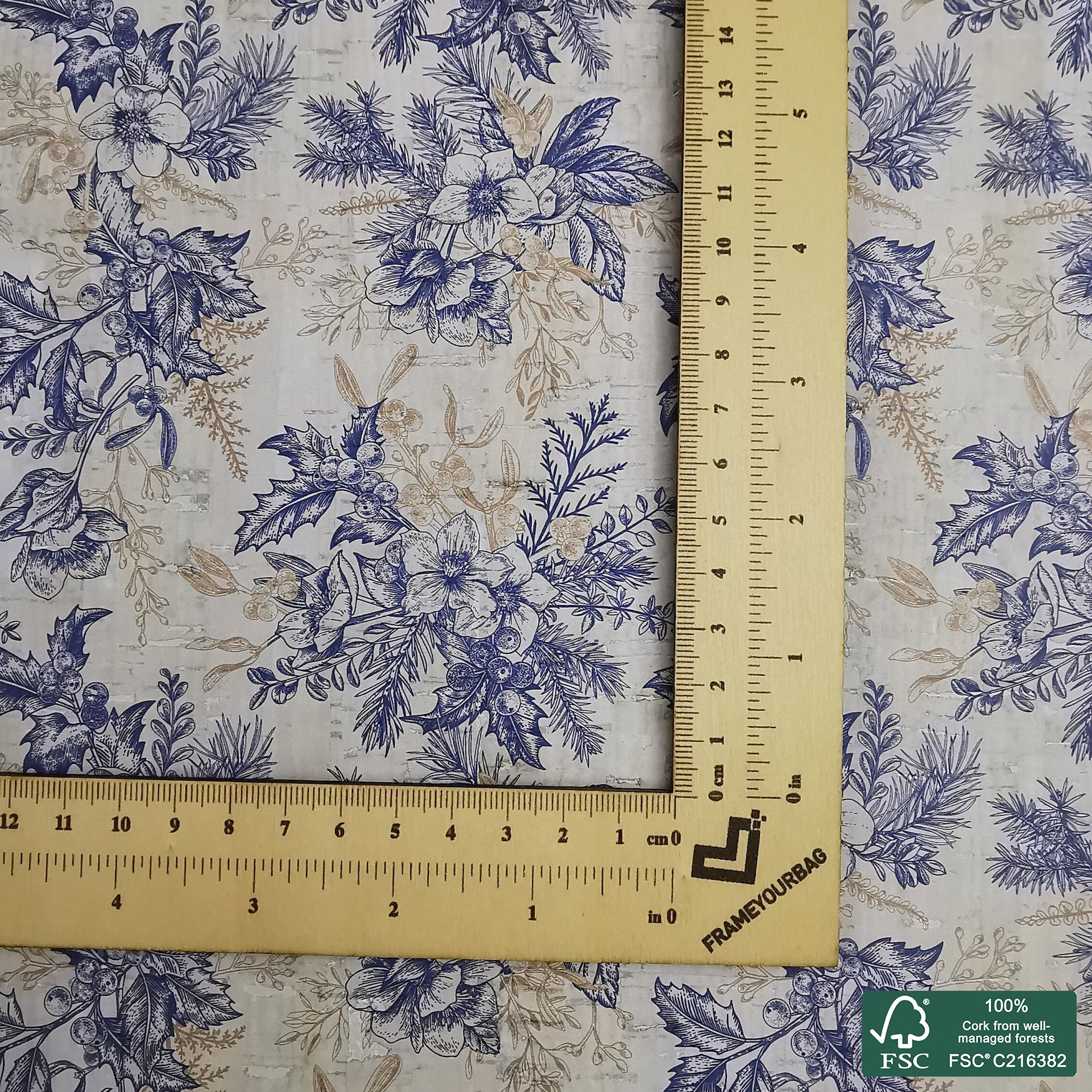 Christmas printed pattern on white cork fabric (346)