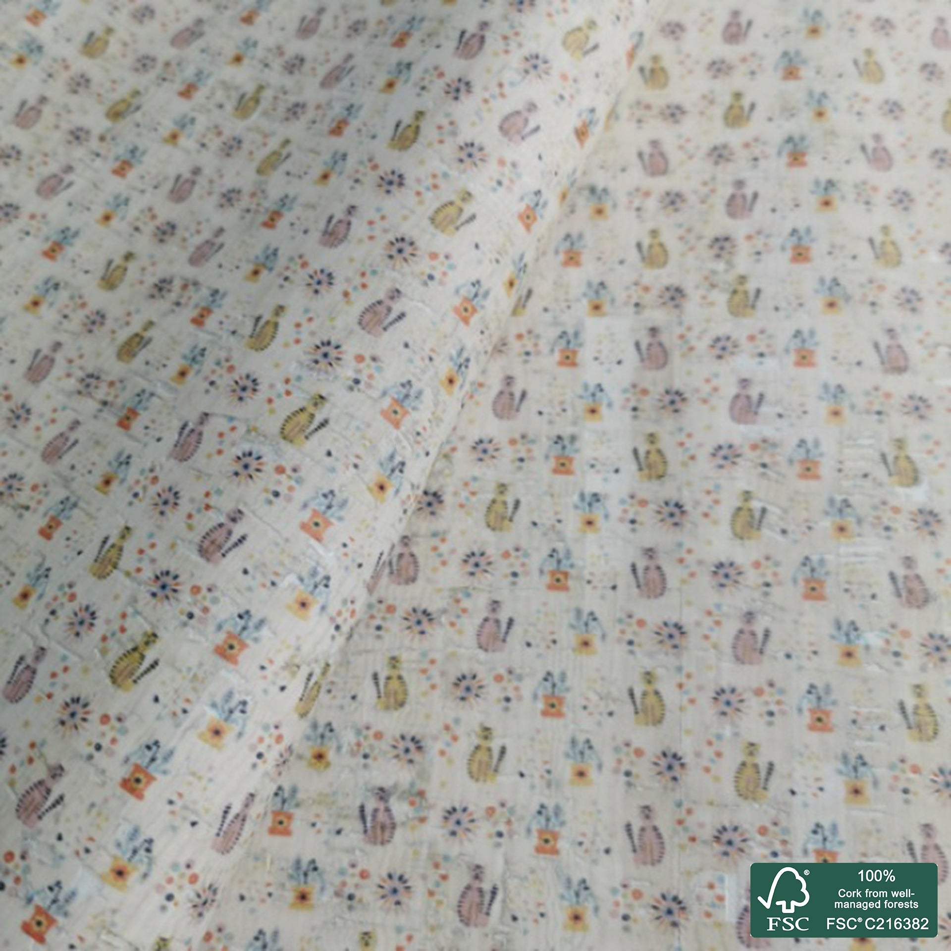 Cats printed pattern on white cork fabric (351)