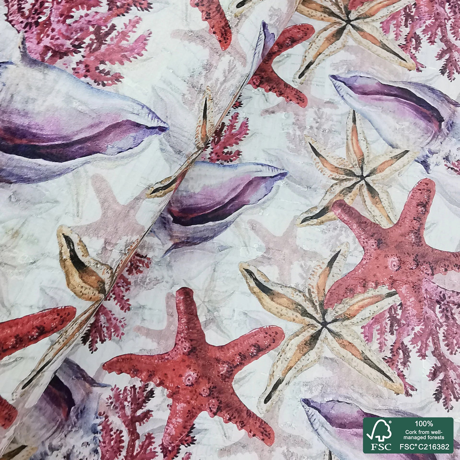 Starfish printed pattern on white cork fabric (354)