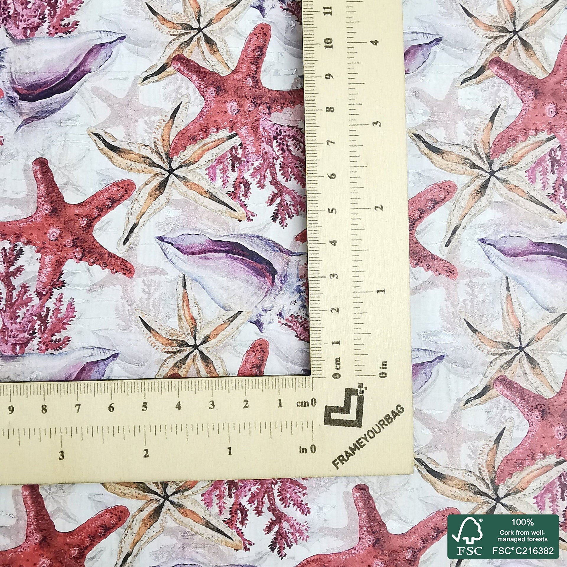 Starfish printed pattern on white cork fabric (354)