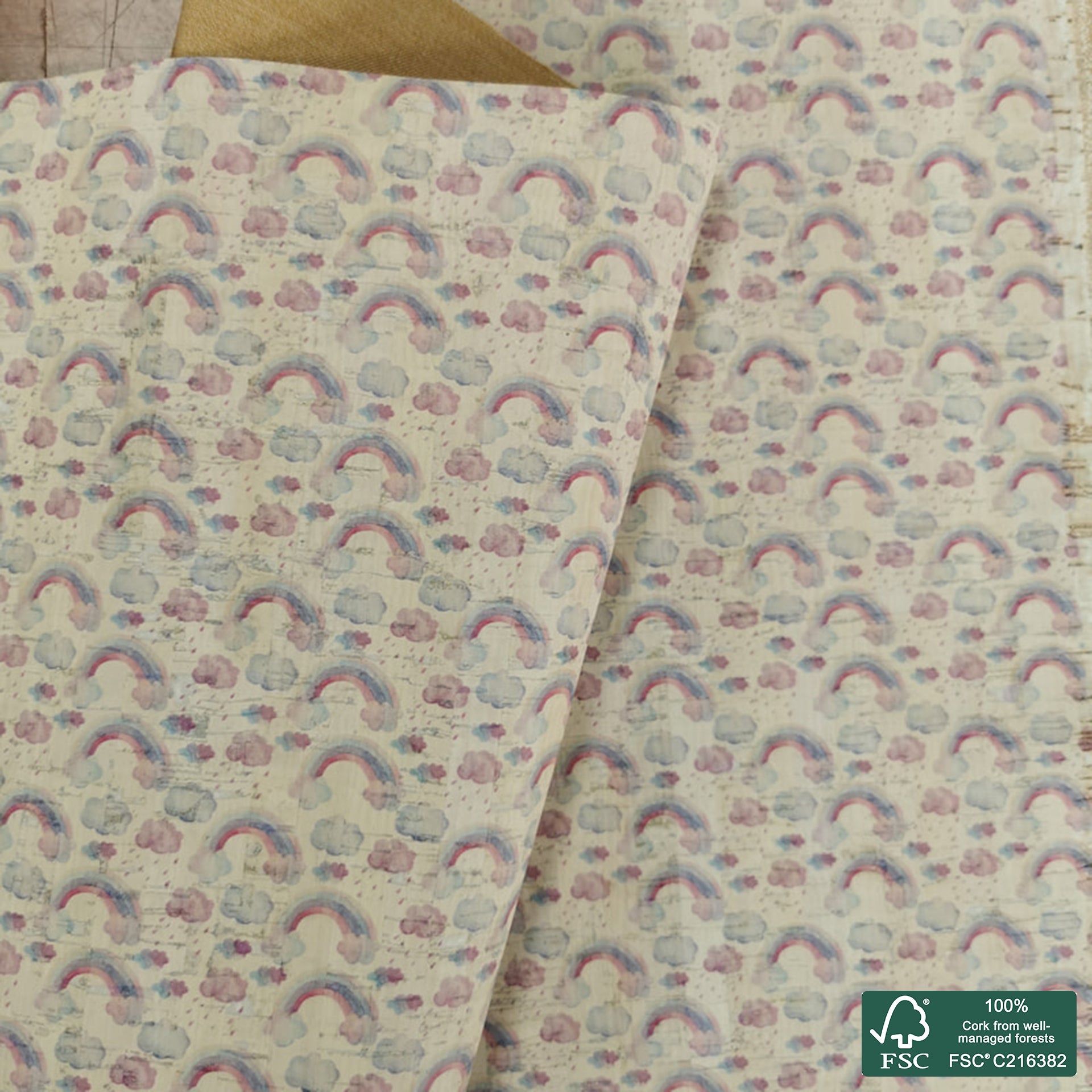 Rainbow printed pattern on white cork fabric (360)