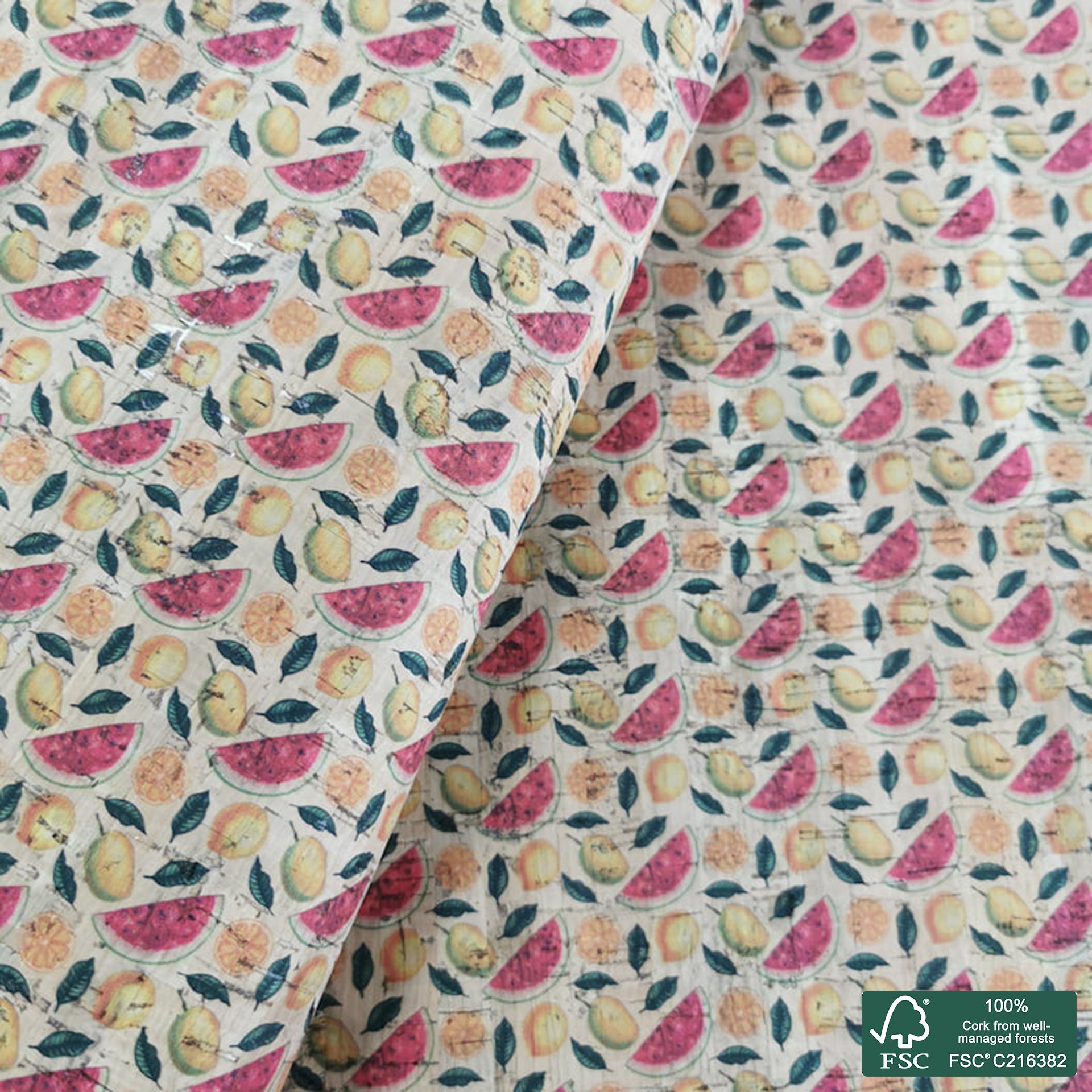 Fruits printed pattern on natural cork fabric (363)