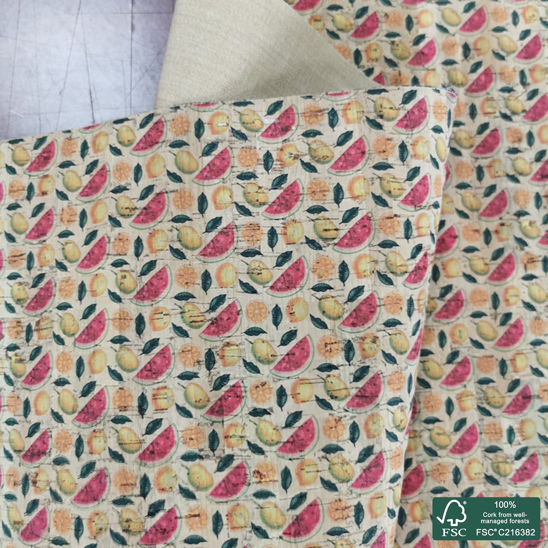 Fruits printed pattern on natural cork fabric (363)