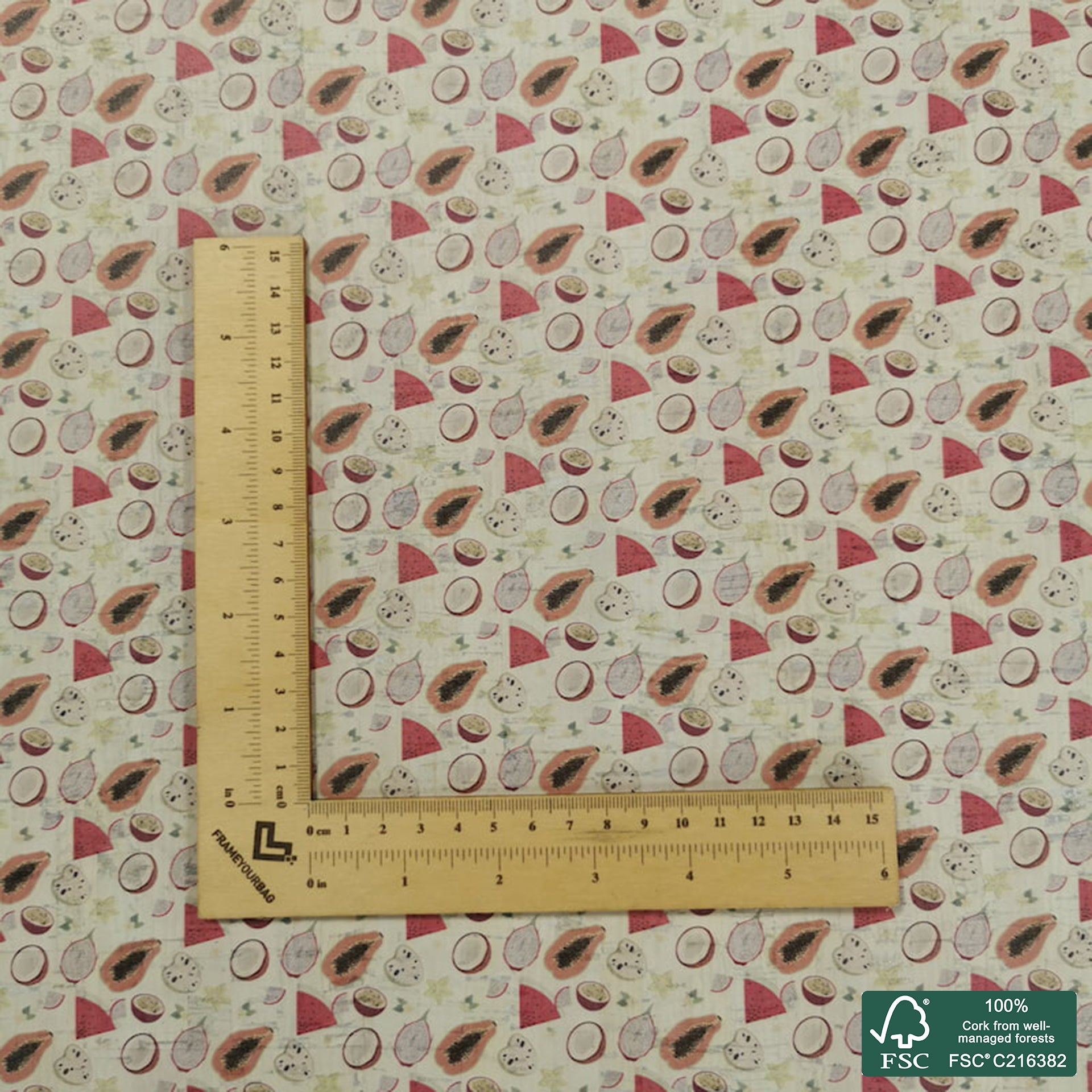 Fruits printed pattern on white cork fabric (365)