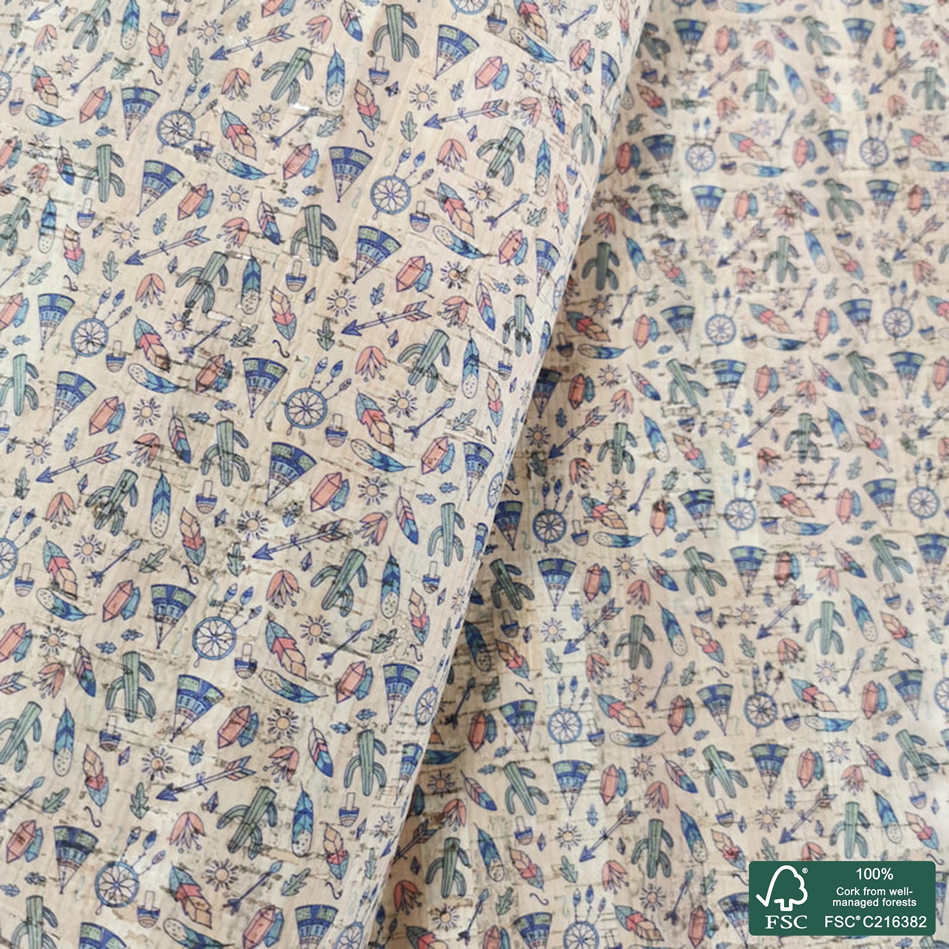 Tribal printed pattern on natural cork fabric (367)