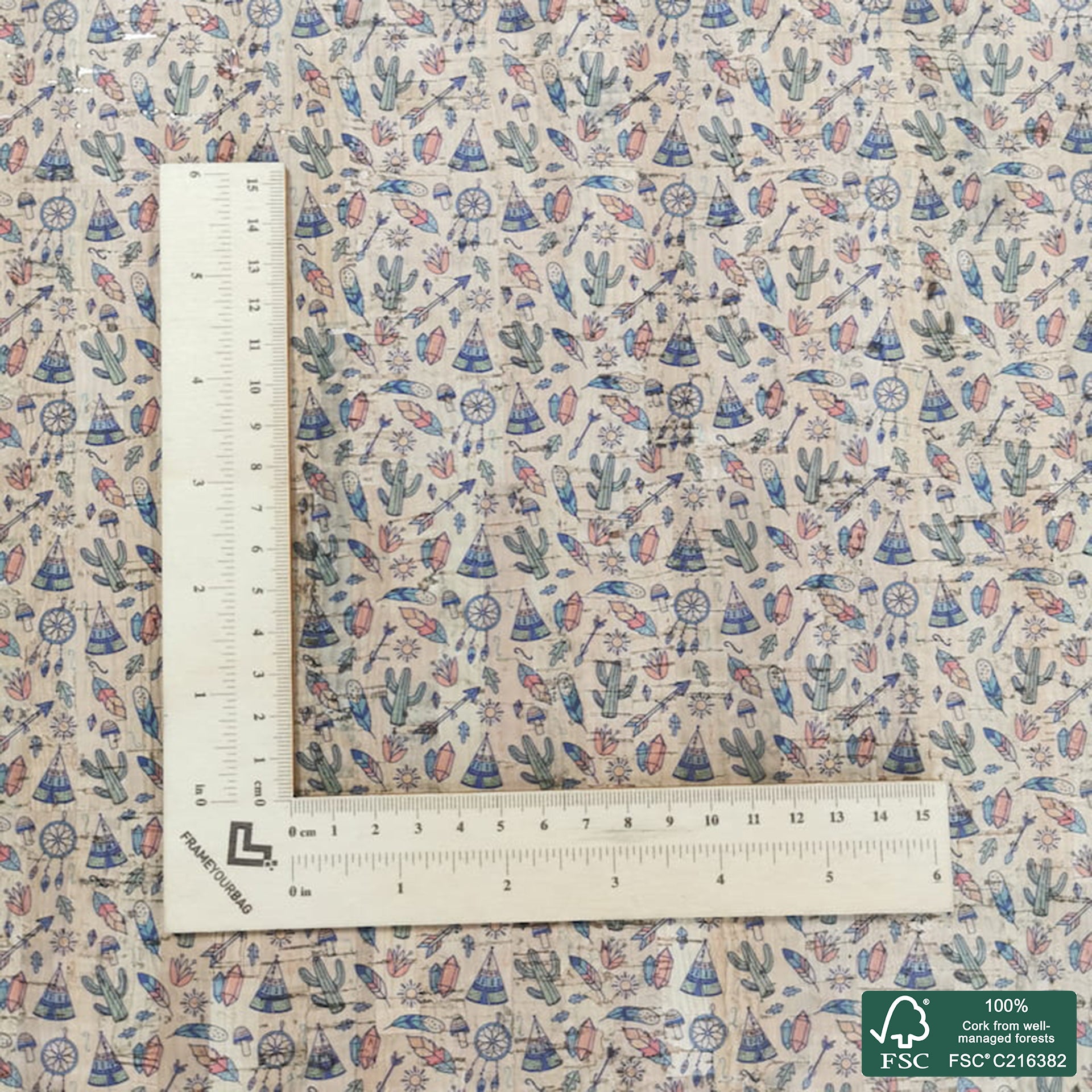 Tribal printed pattern on natural cork fabric (367)