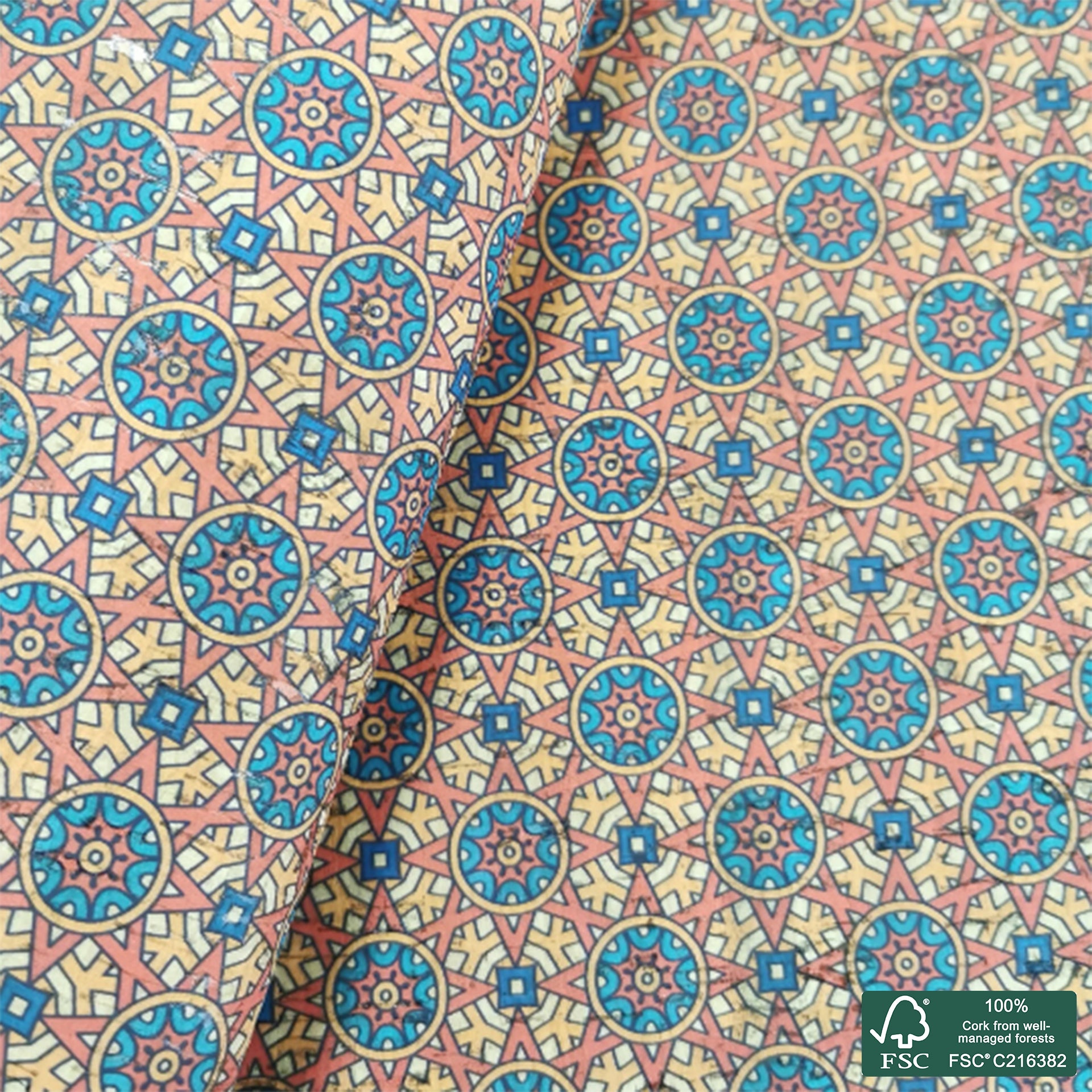 Tiles printed pattern on natural cork fabric (368)