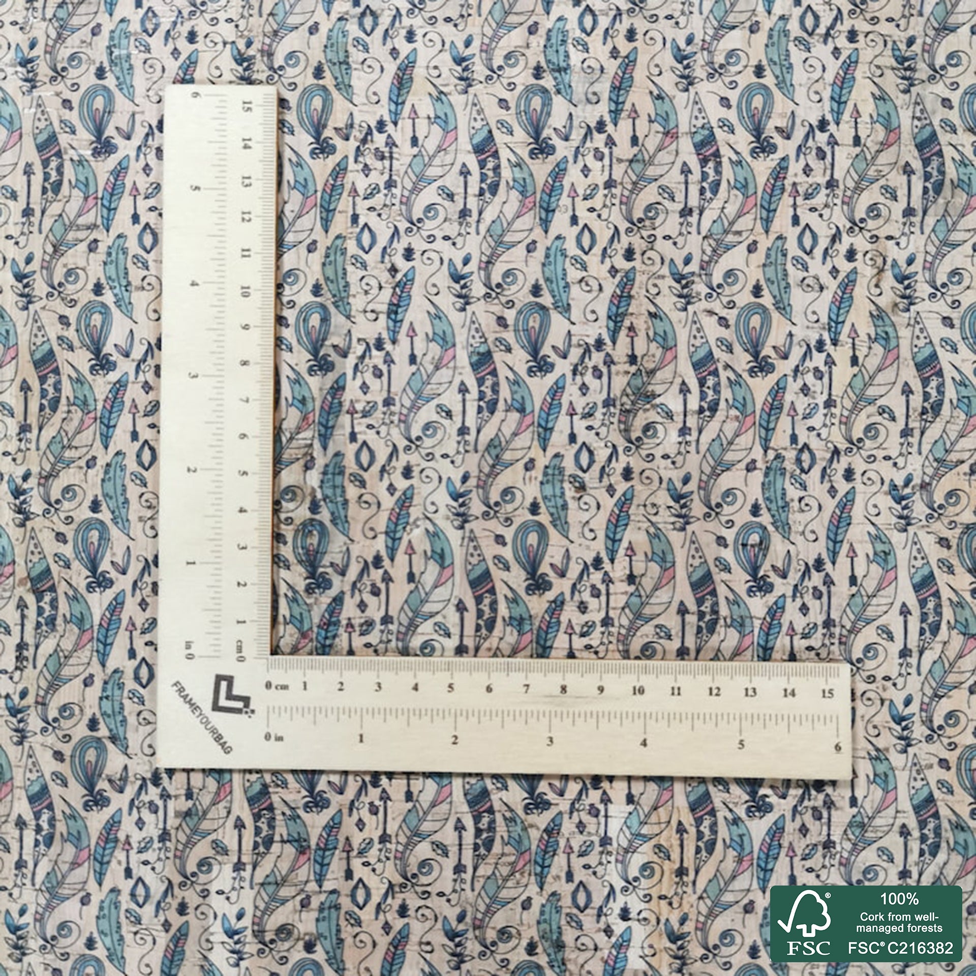 Tribal printed pattern on natural cork fabric (372)