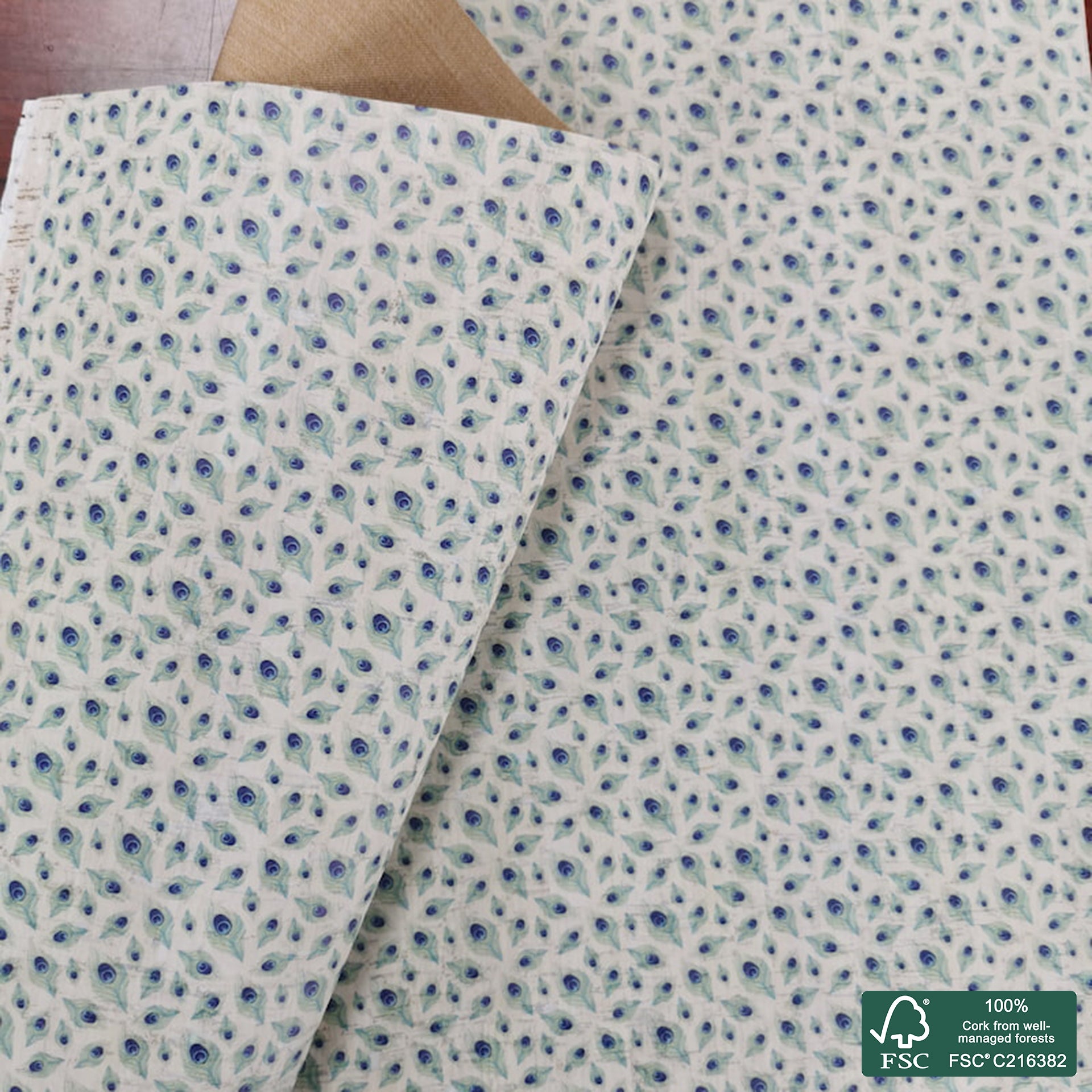 Feathers printed pattern on white cork fabric (370)