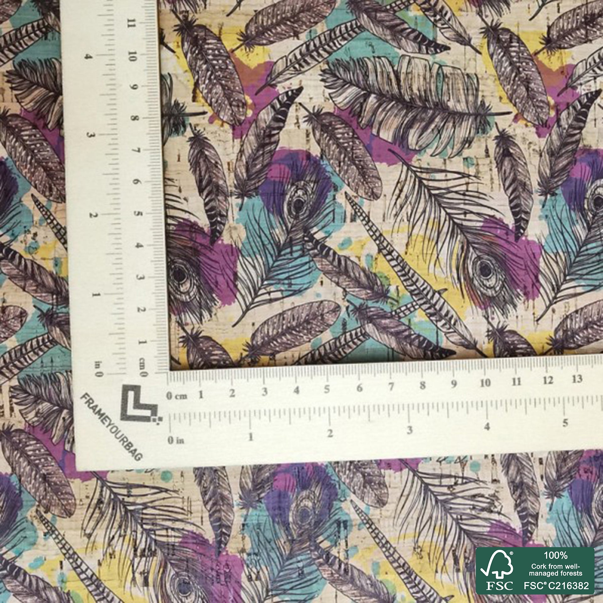 Feathers printed pattern on natural cork fabric (373)