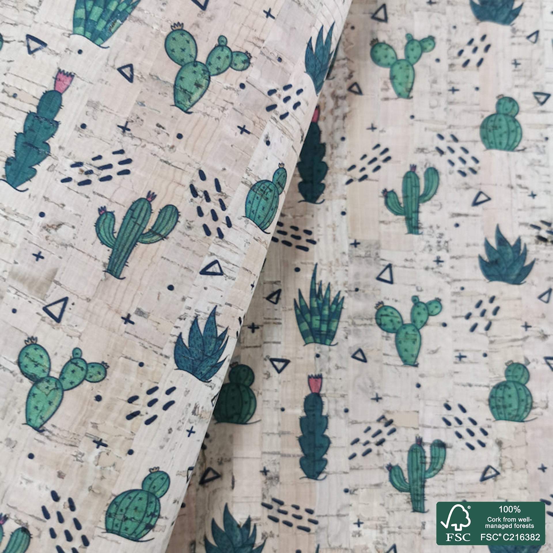 Cactus printed pattern on natural cork fabric (377)