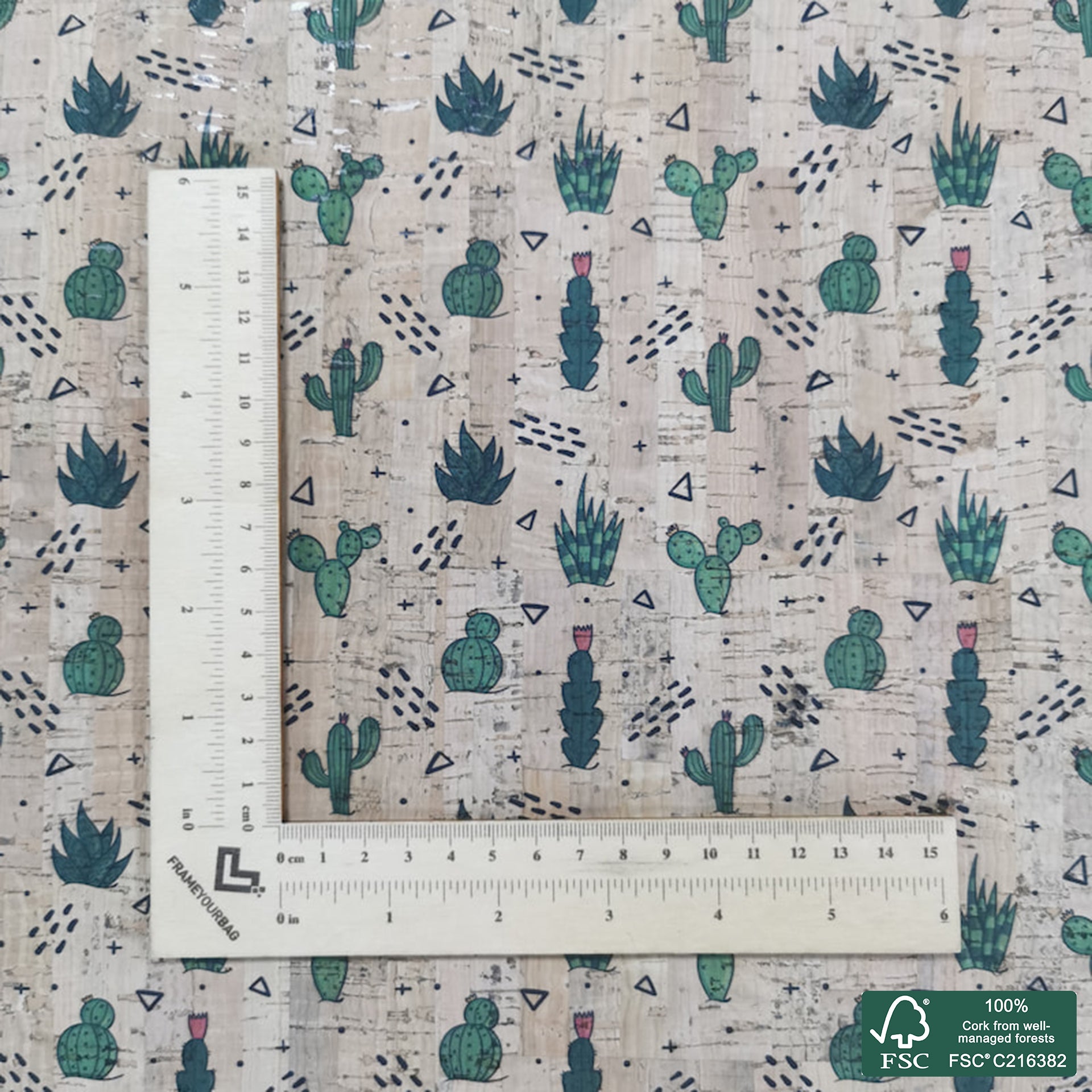 Cactus printed pattern on natural cork fabric (377)