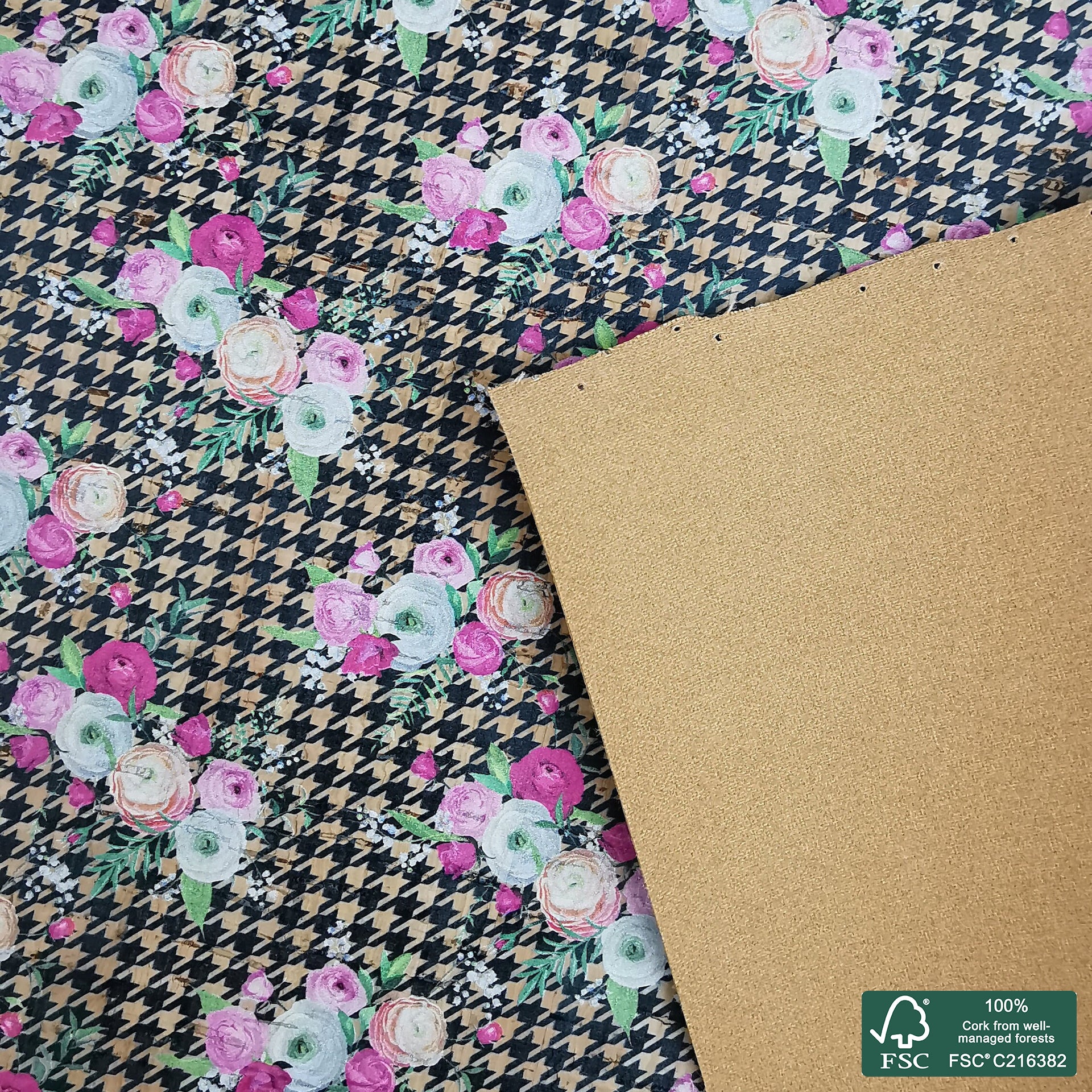 Flowers printed pattern on natural cork fabric (380)