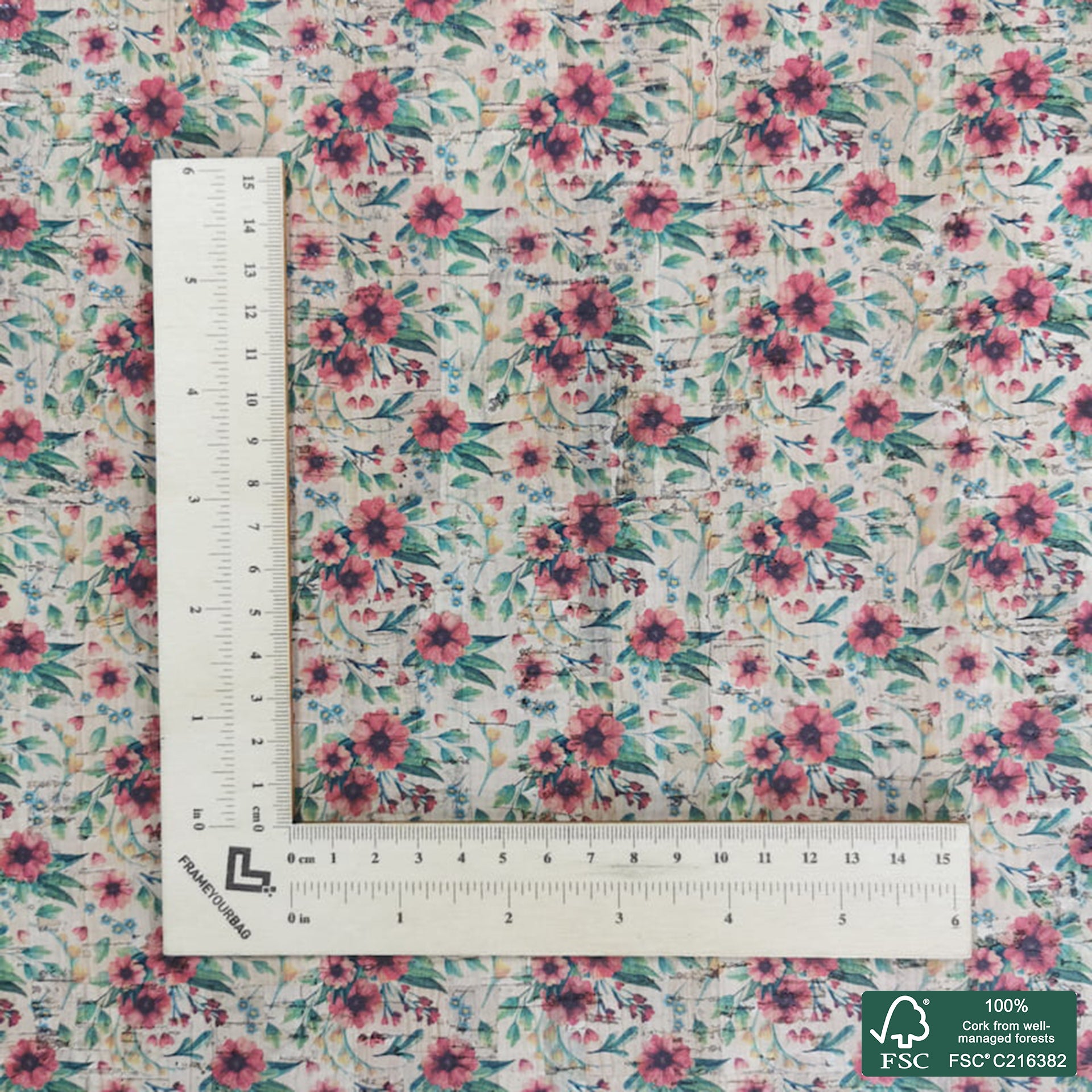 Flowers printed pattern on natural cork fabric (381)