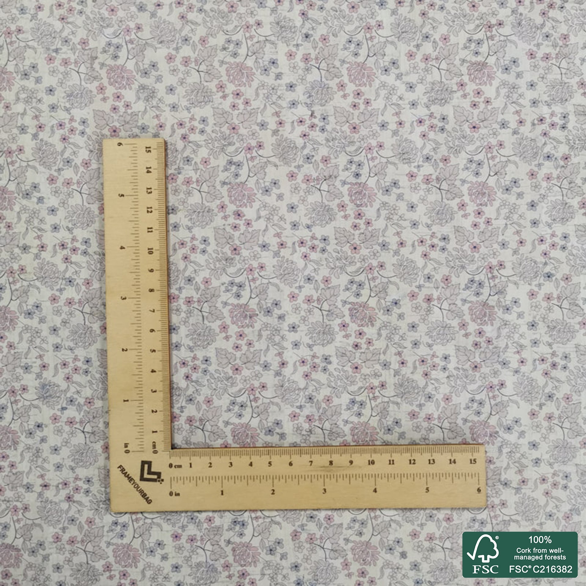 Flowers printed pattern on white cork fabric (384)