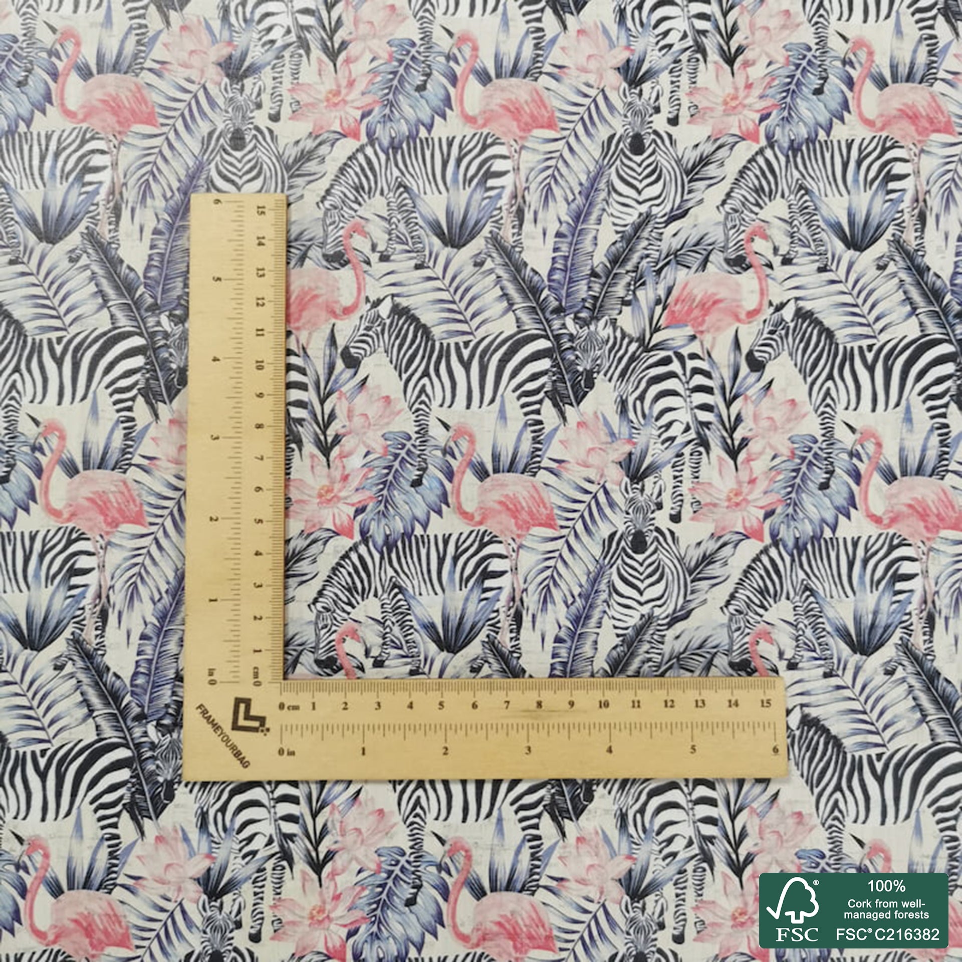 Exotic printed pattern on white cork fabric (385)