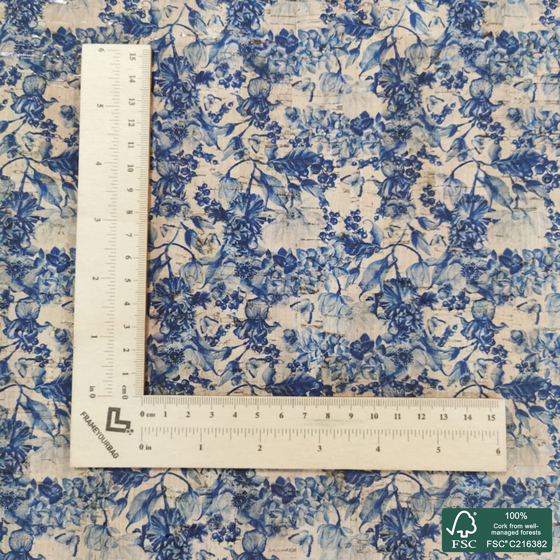 Flowers printed pattern on natural cork fabric (386)