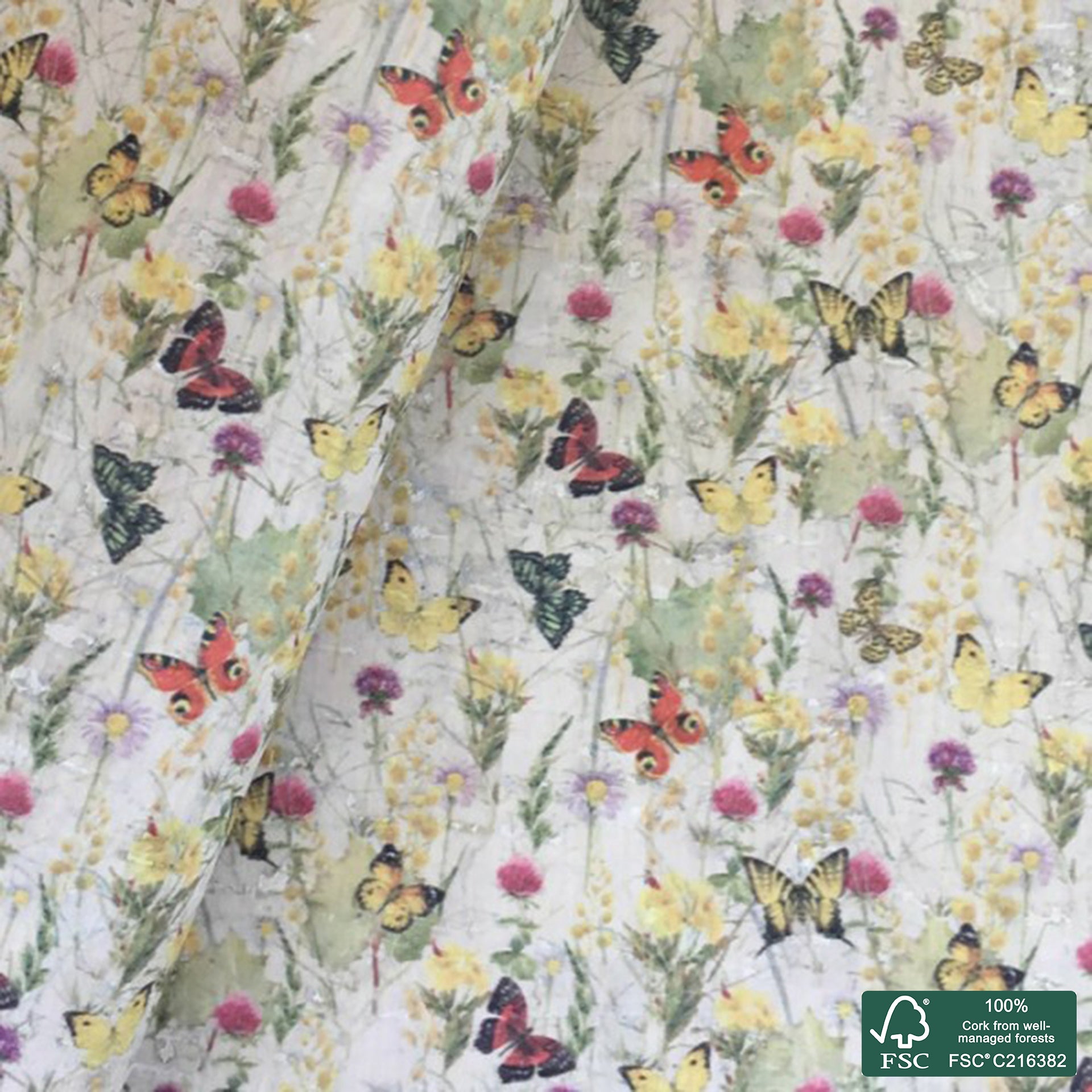 Butterflies printed pattern on white cork fabric (400)