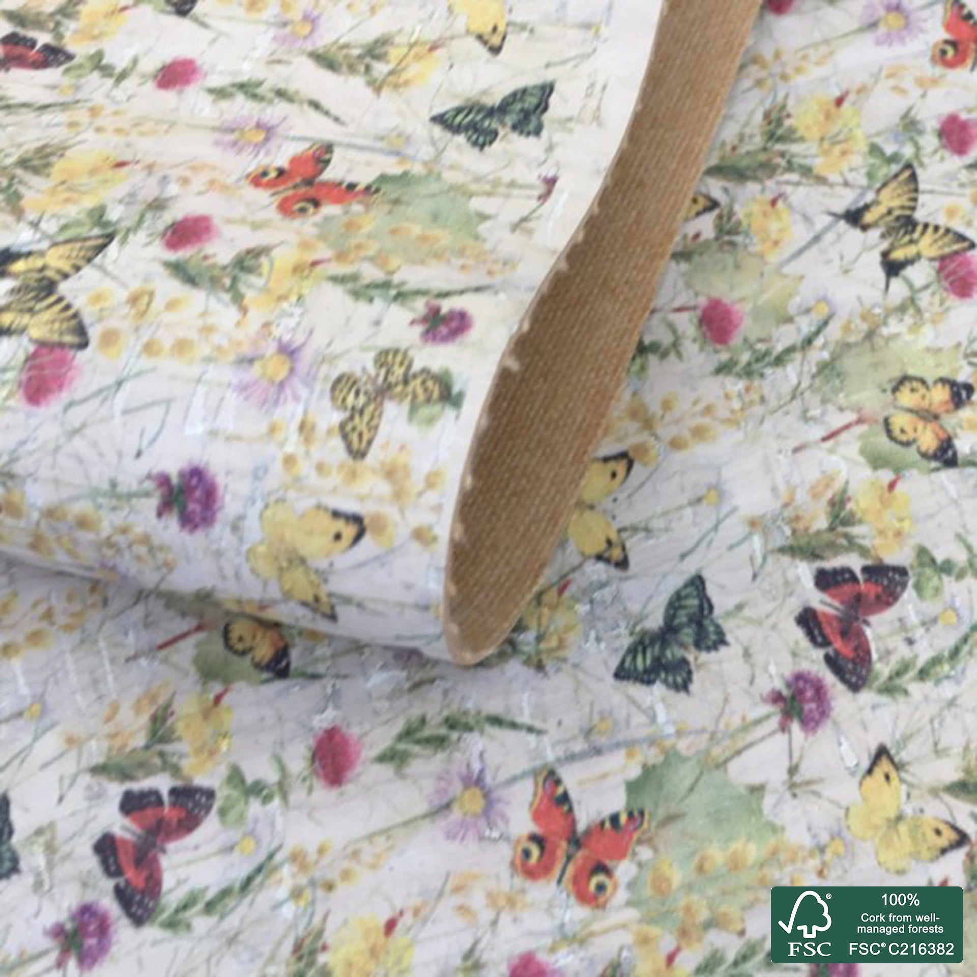 Butterflies printed pattern on white cork fabric (400)