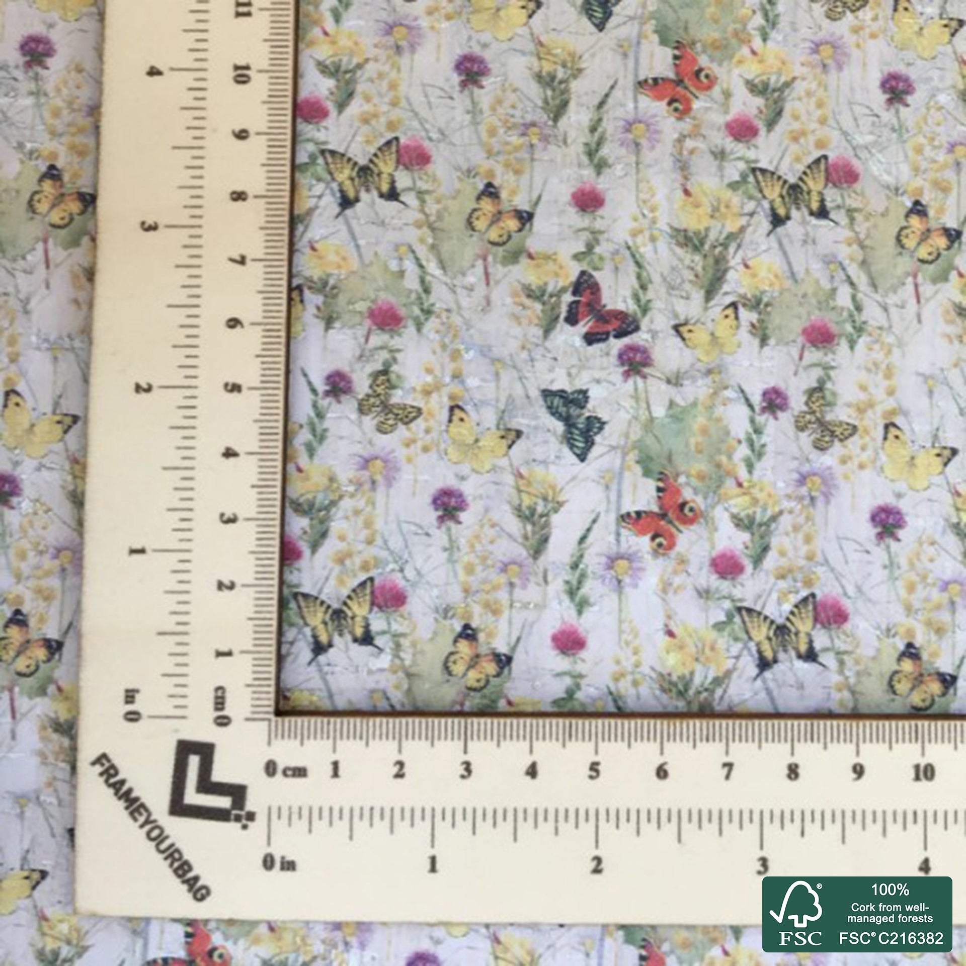 Butterflies printed pattern on white cork fabric (400)