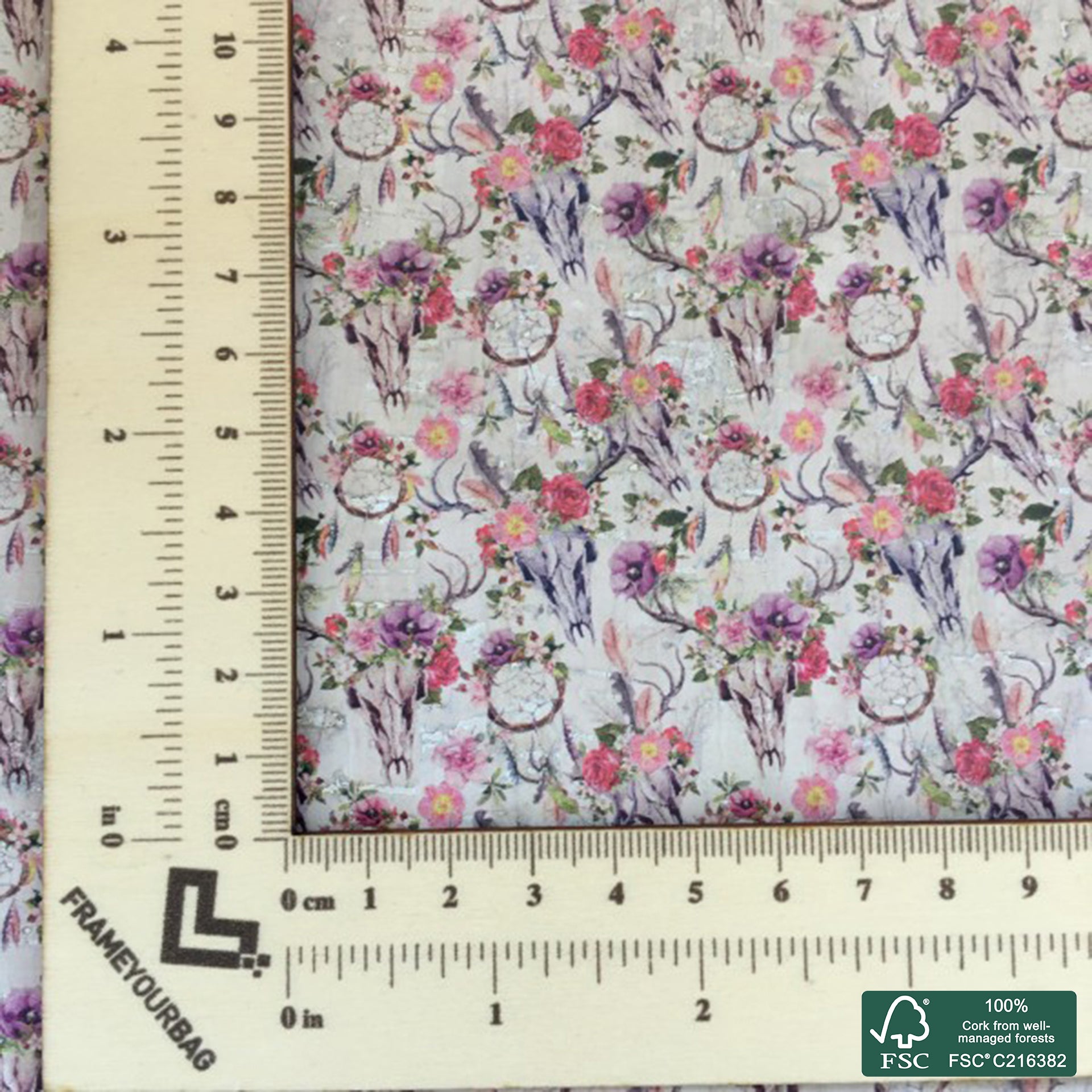 Dream catcher printed pattern on white cork fabric (401)