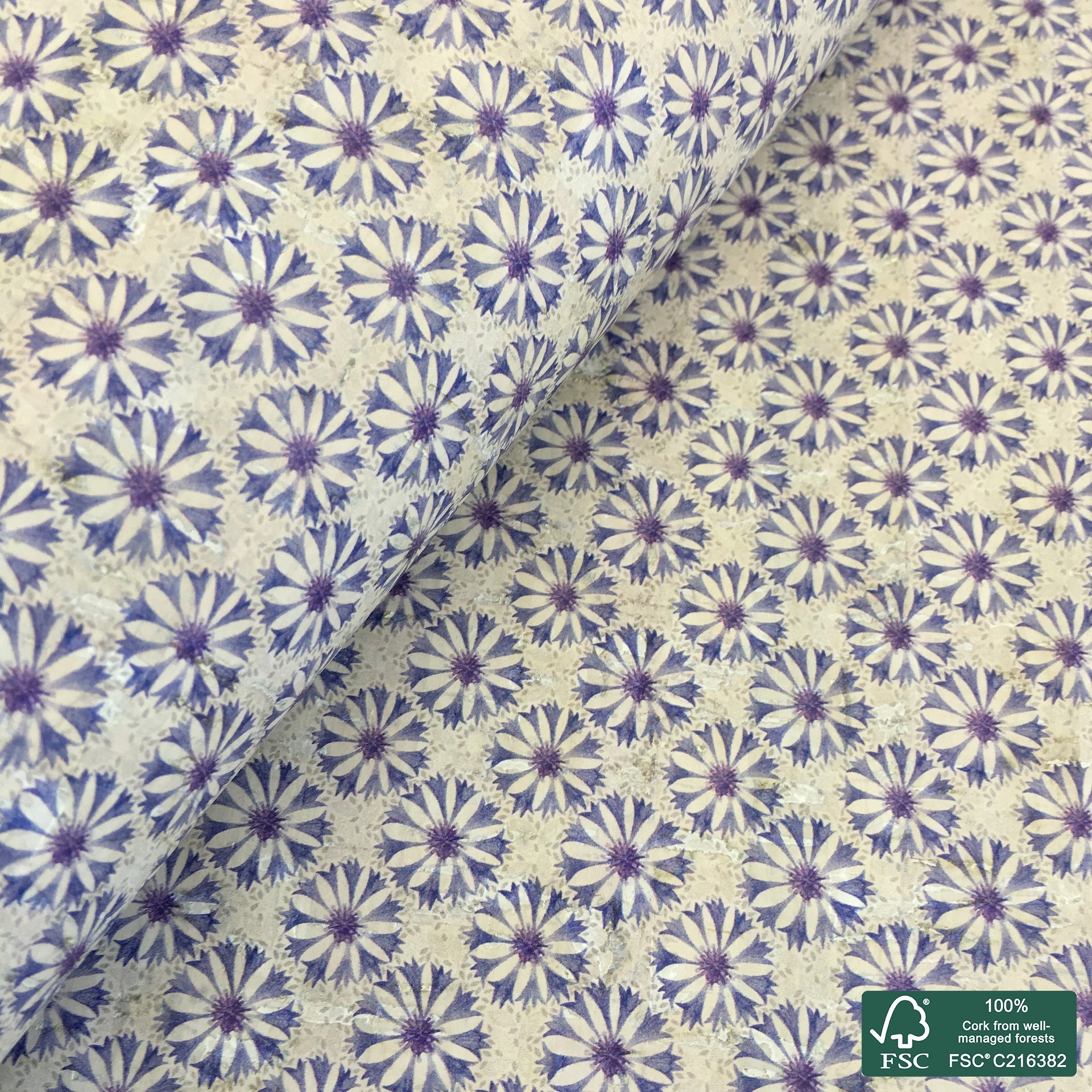 Flowers printed pattern on white cork fabric (403)