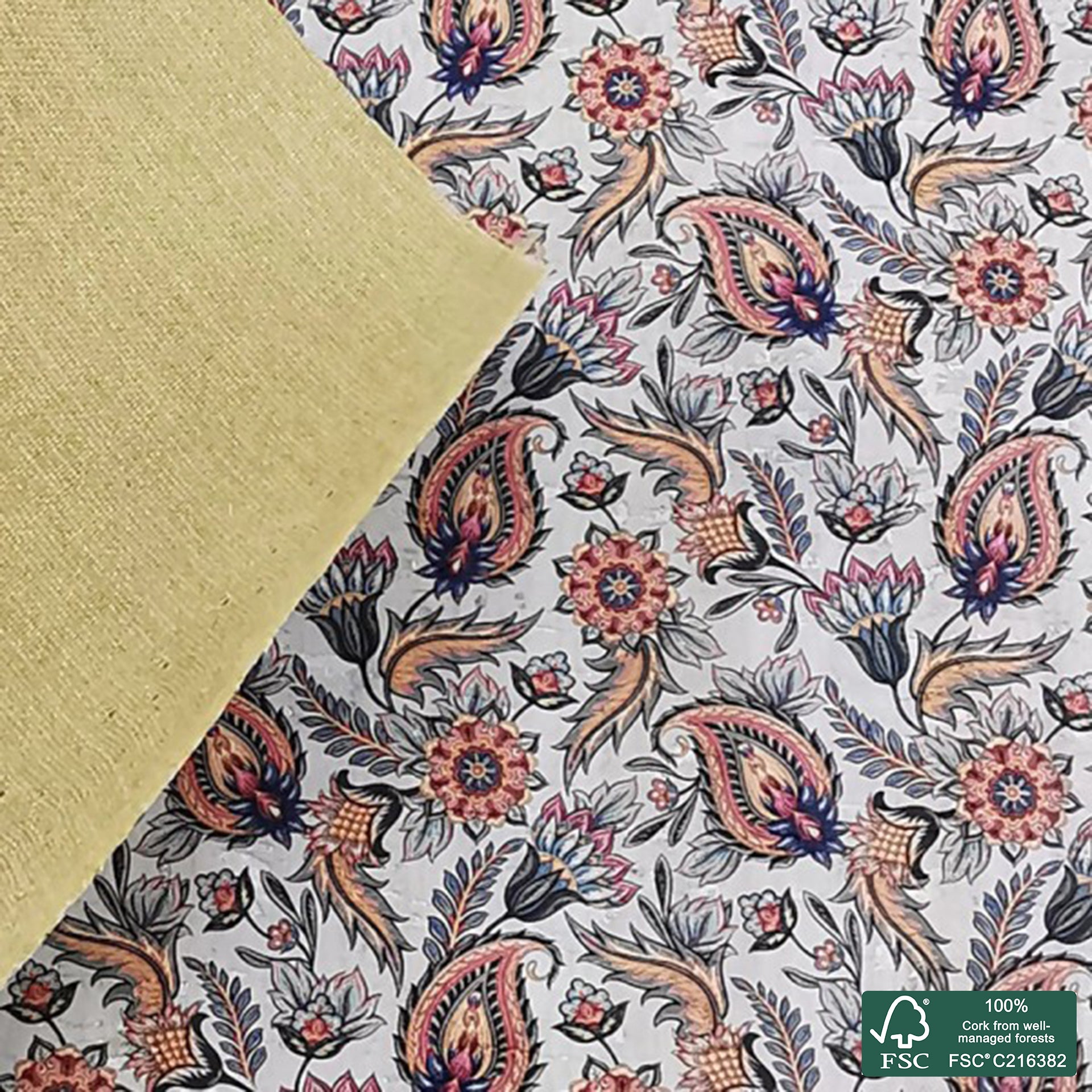 Paisley printed pattern on white cork fabric (409)