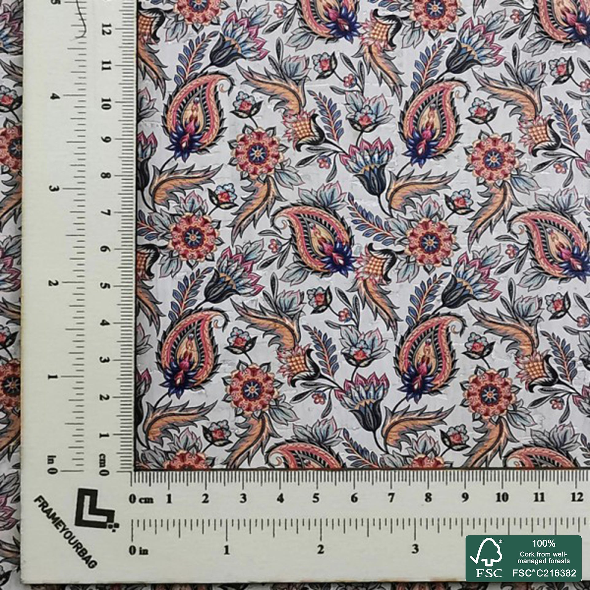 Paisley printed pattern on white cork fabric (409)