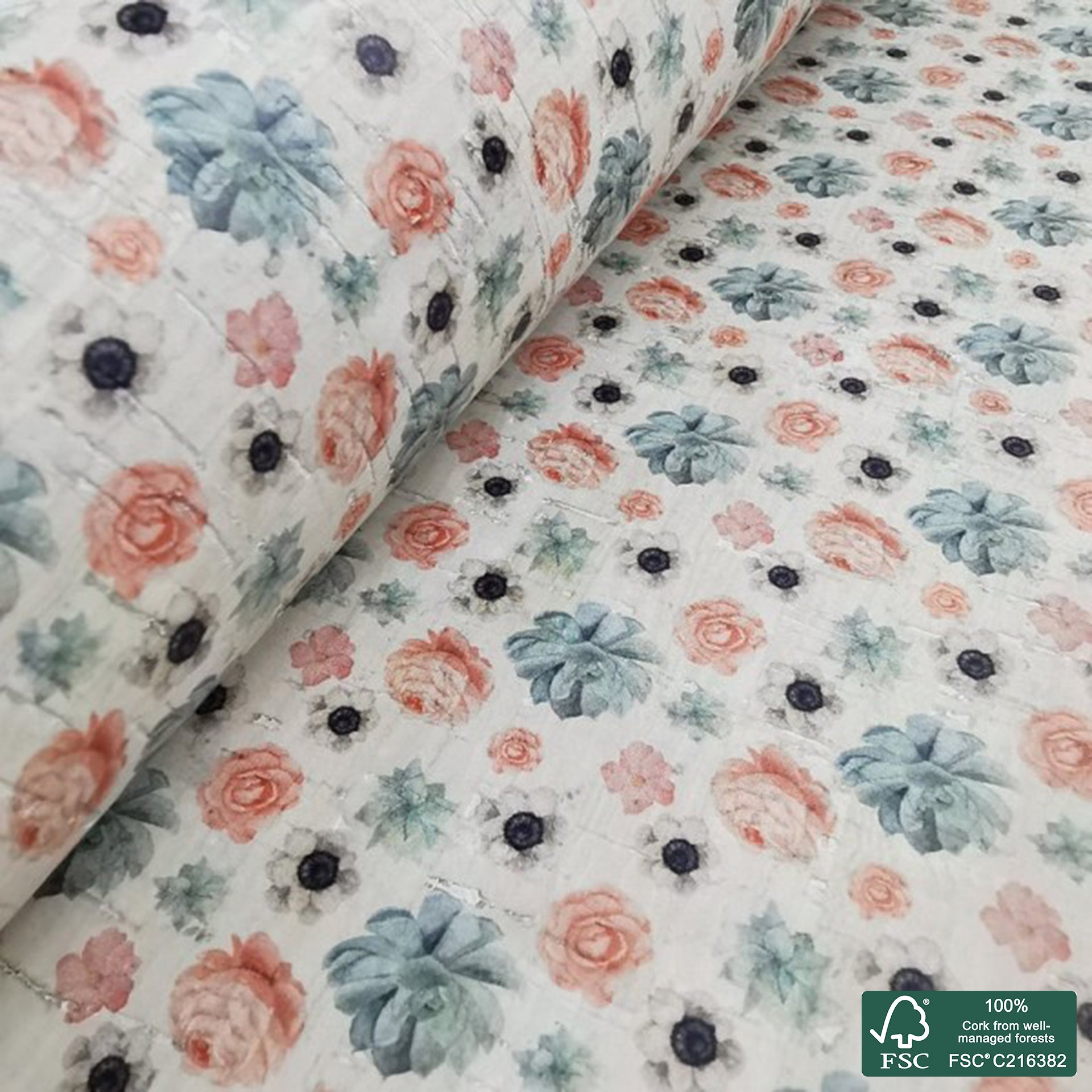 Flowers printed pattern on white cork fabric (413)