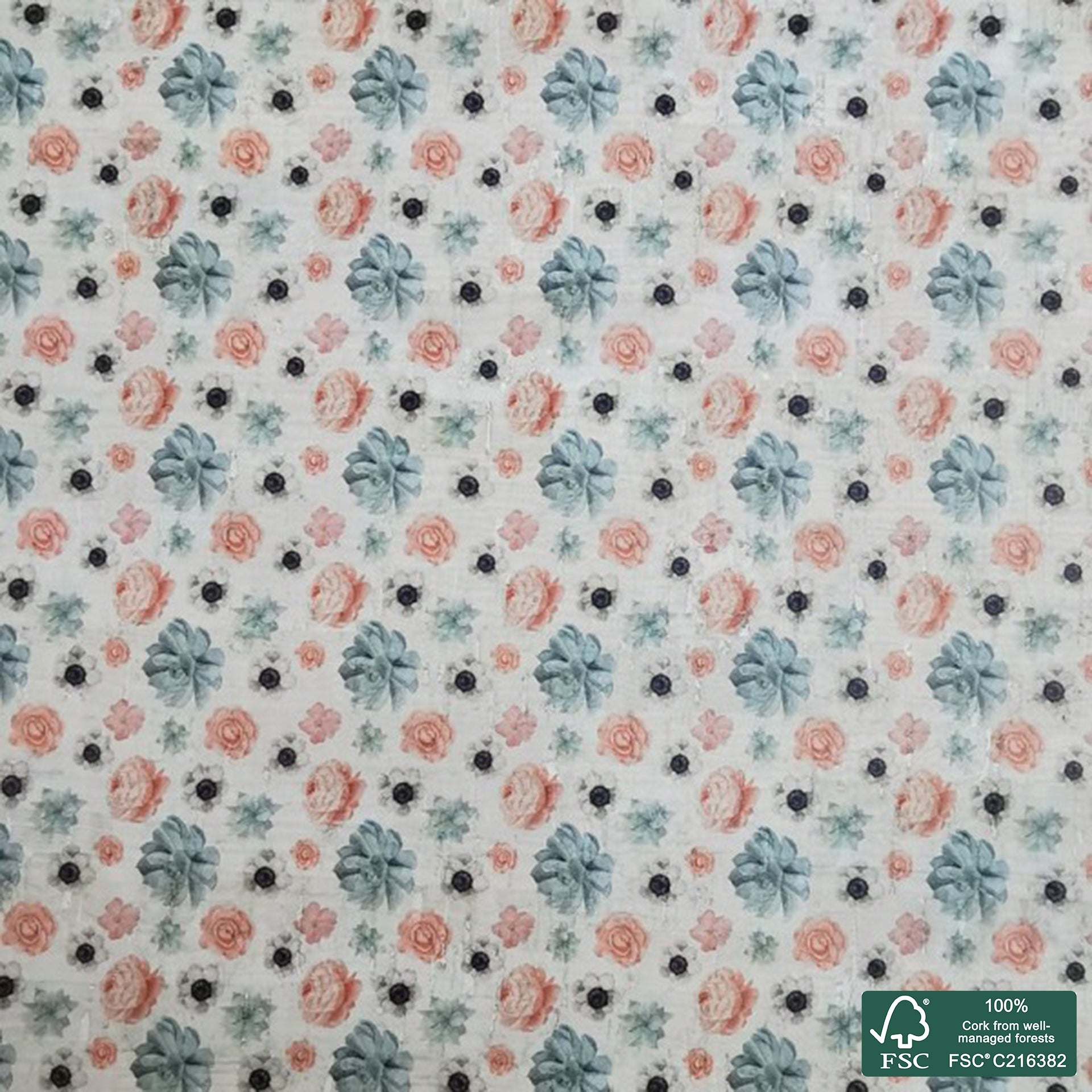 Flowers printed pattern on white cork fabric (413)