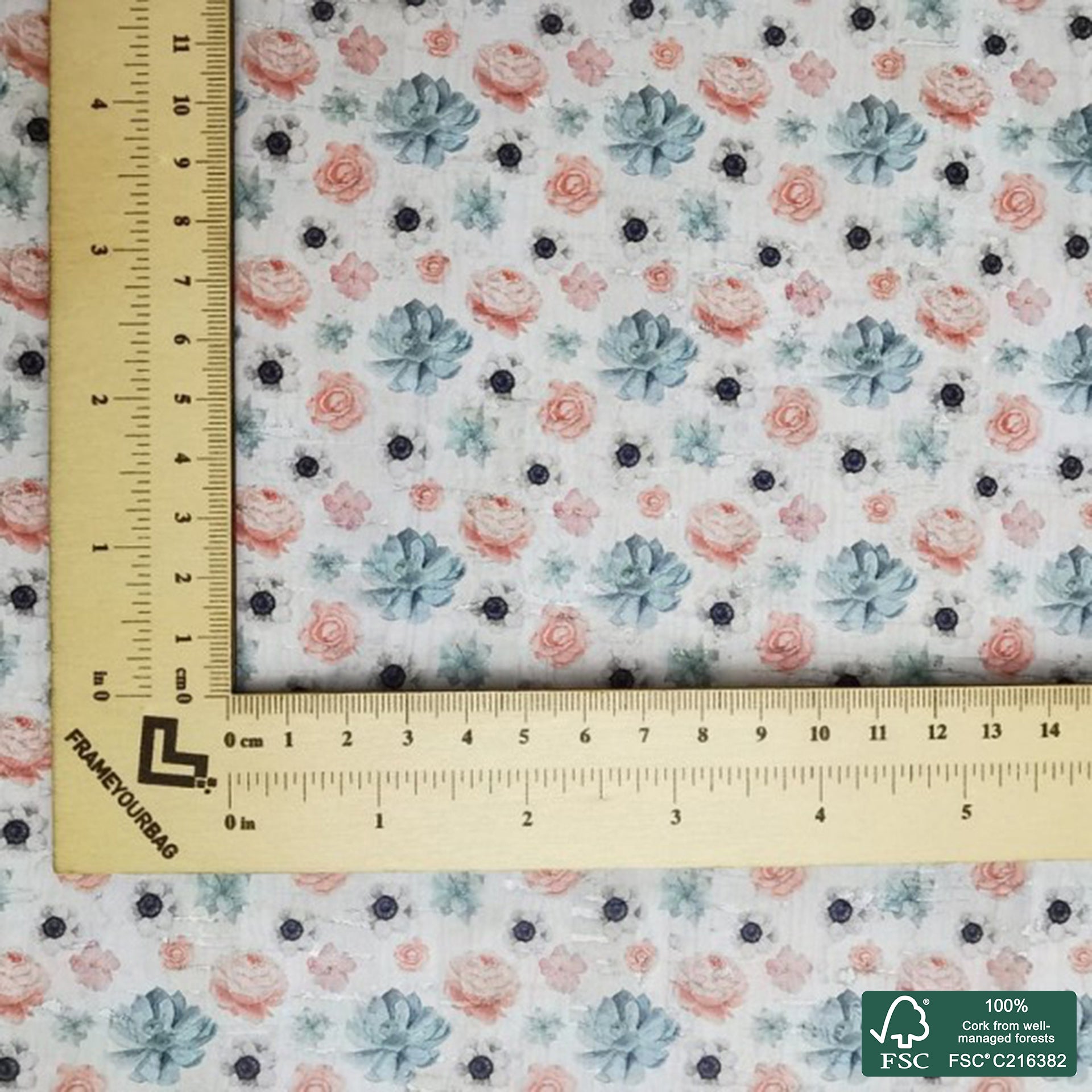 Flowers printed pattern on white cork fabric (413)