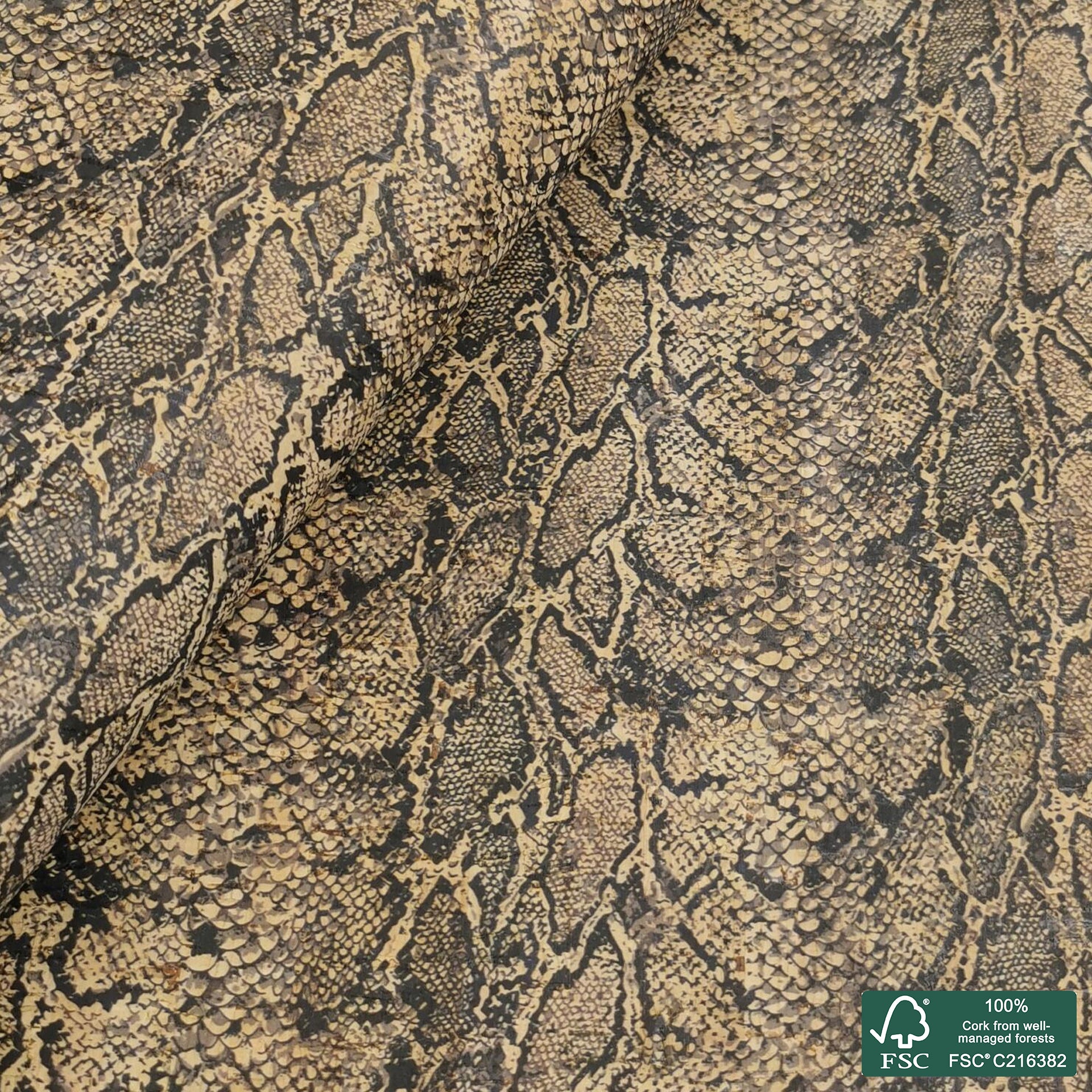 Snake printed pattern on natural cork fabric (418)