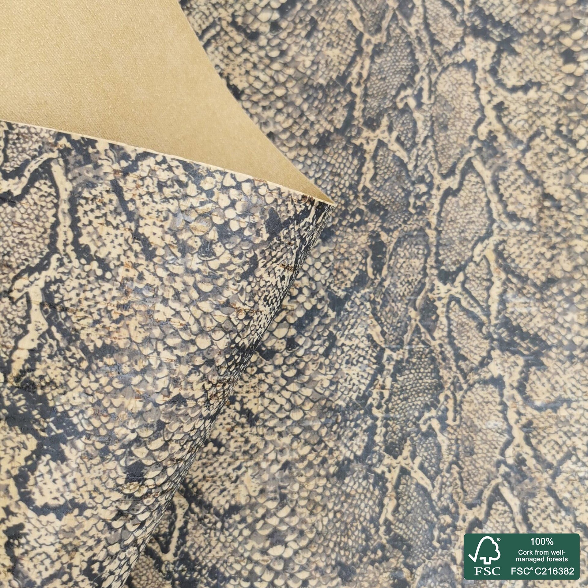 Snake printed pattern on natural cork fabric (418)