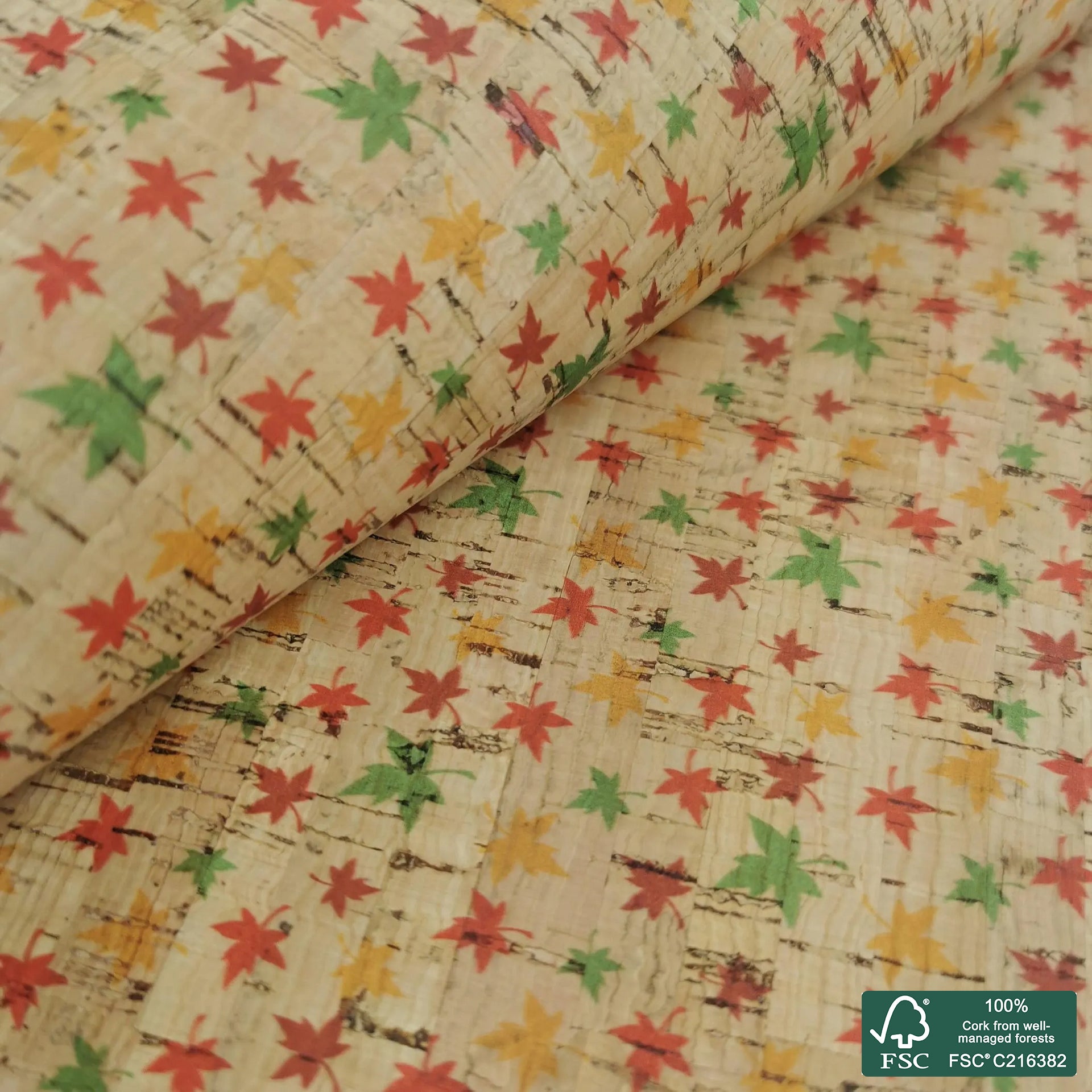 Leaves printed pattern on natural cork fabric (428)