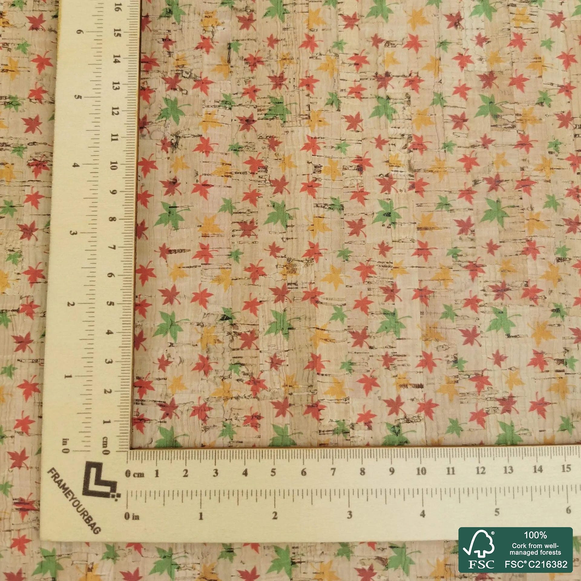 Leaves printed pattern on natural cork fabric (428)