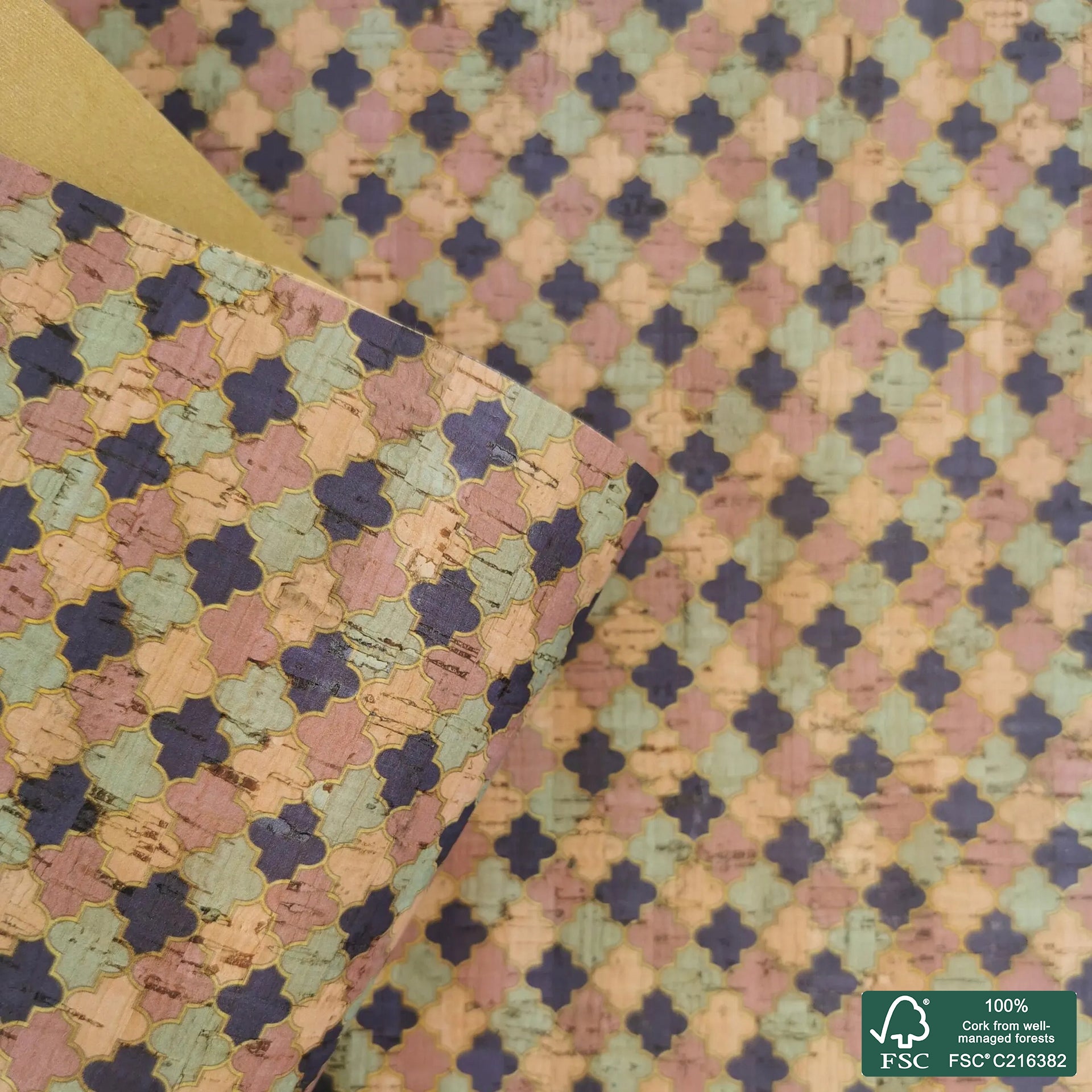 Tiles printed pattern on natural cork fabric (432)