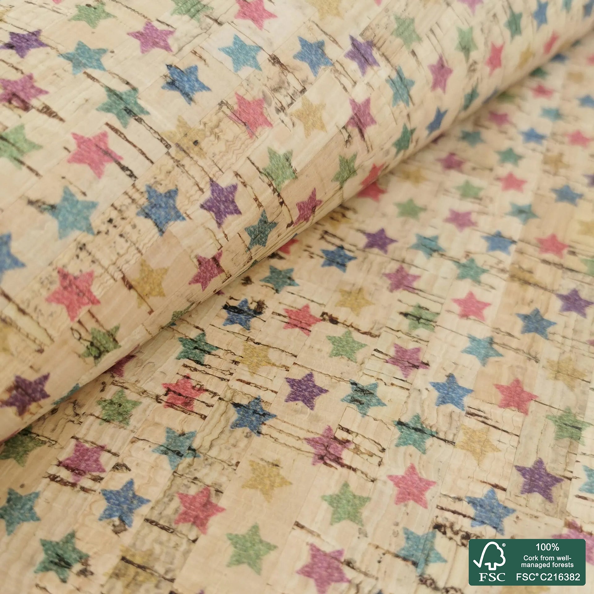 Stars printed pattern on natural cork fabric (434)