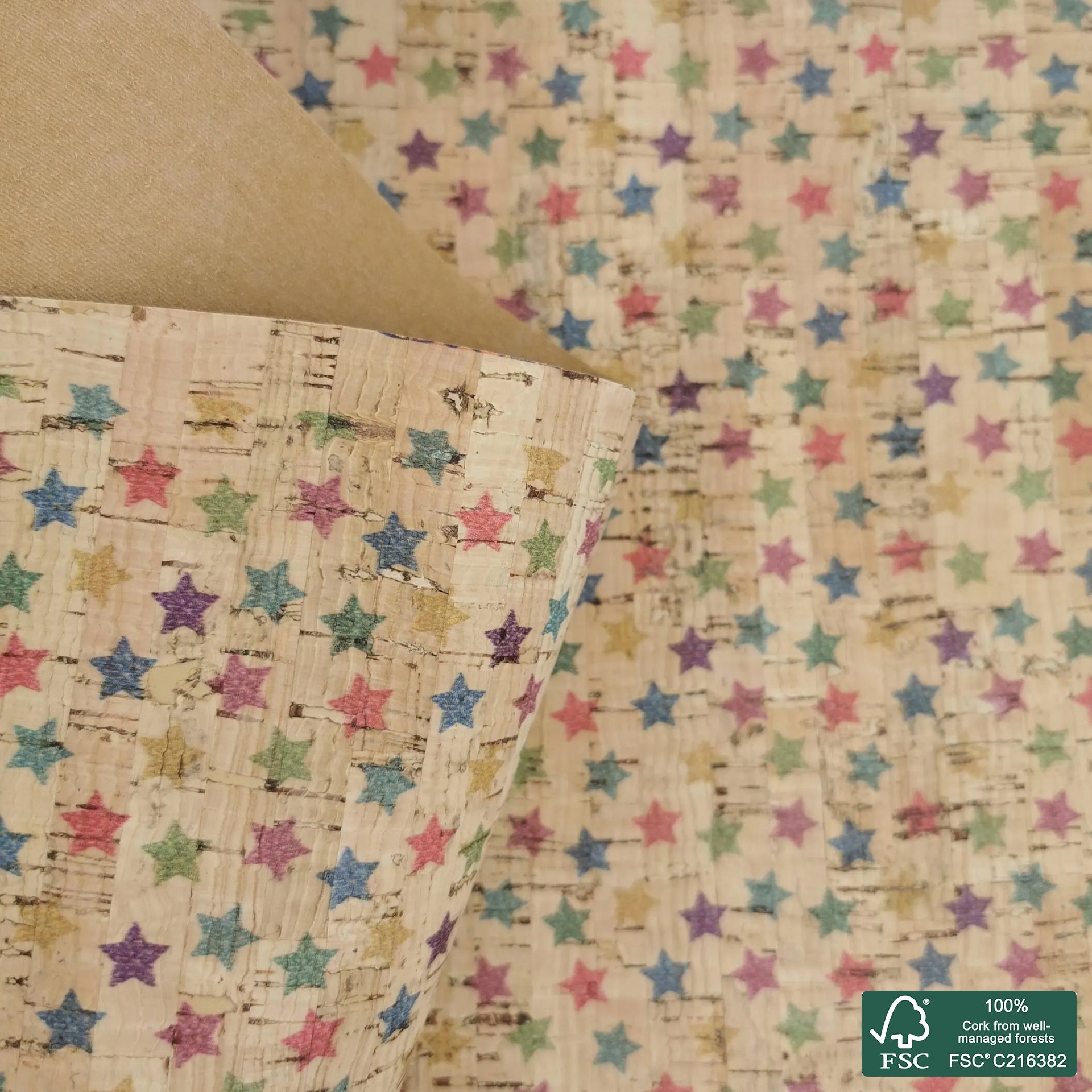 Stars printed pattern on natural cork fabric (434)