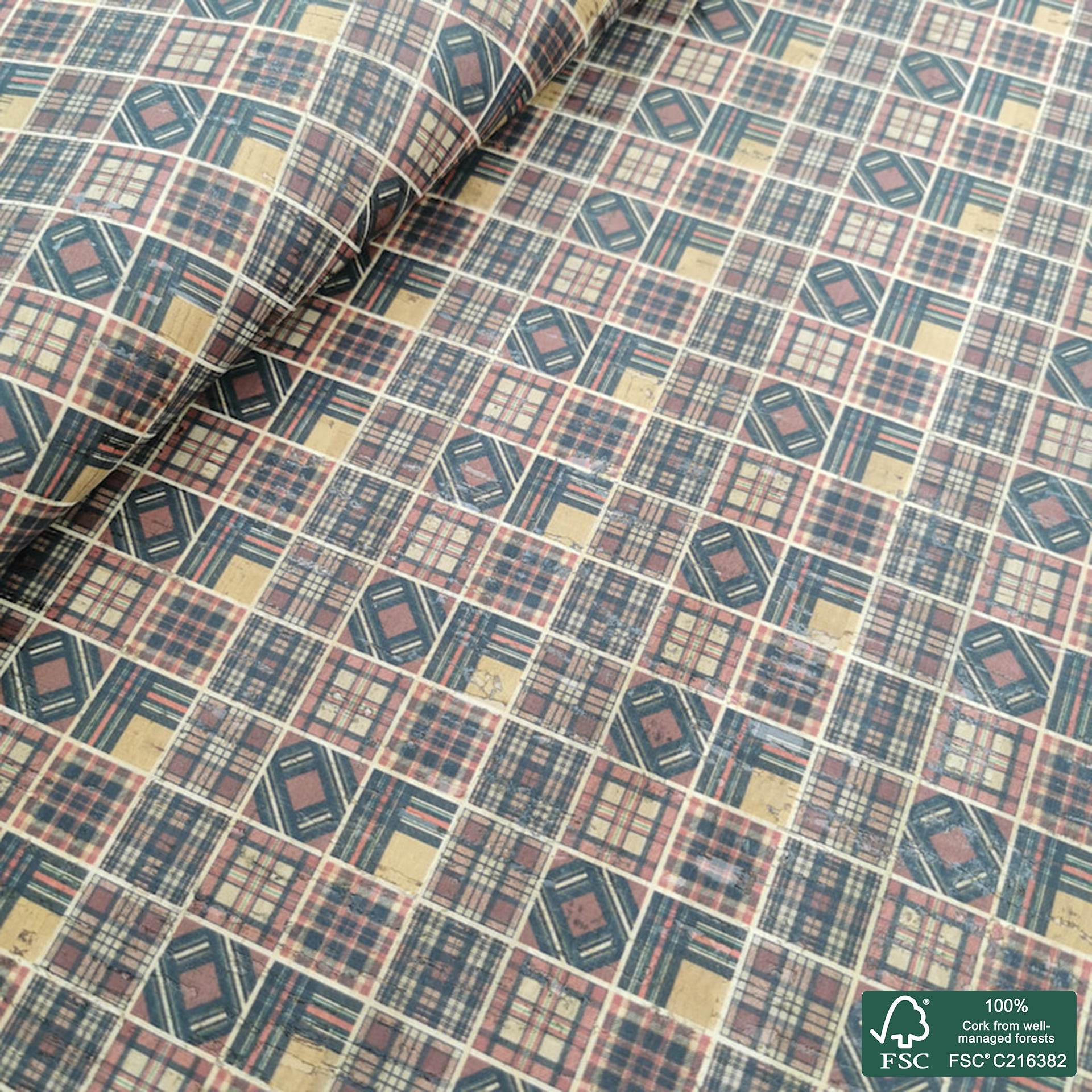 Tiles printed pattern on natural cork fabric (435)