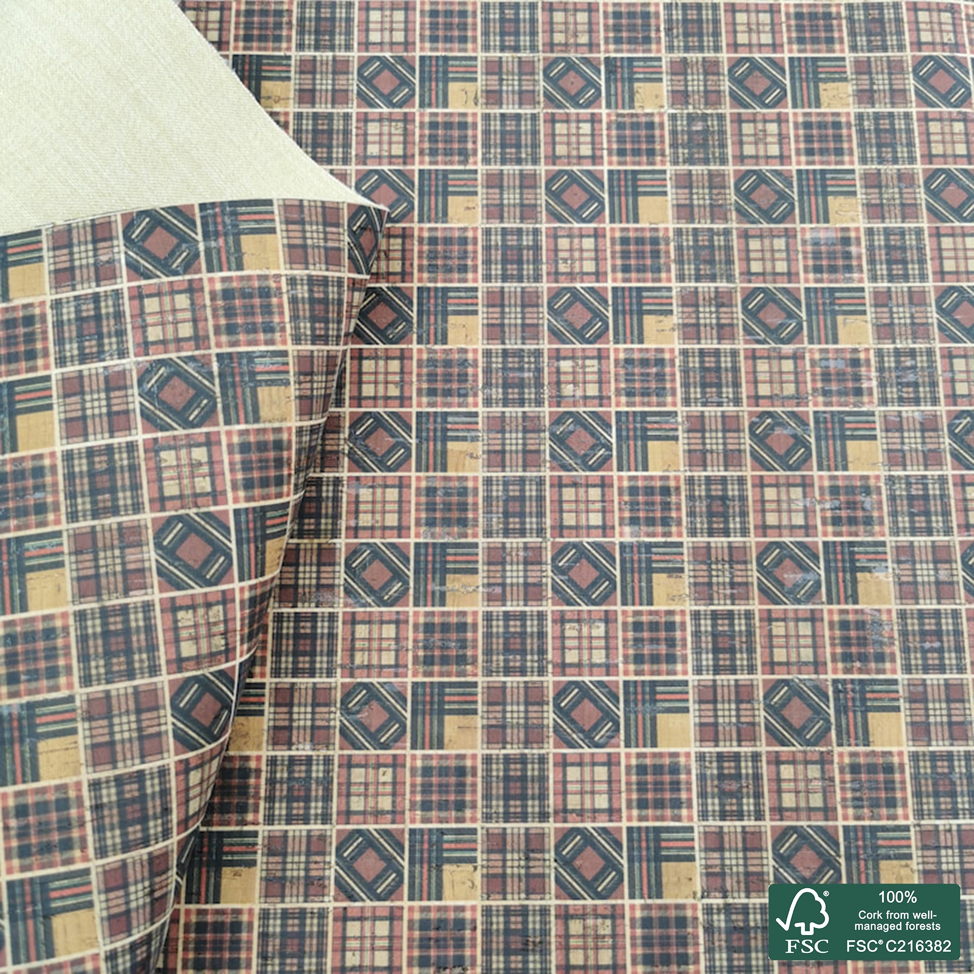 Tiles printed pattern on natural cork fabric (435)