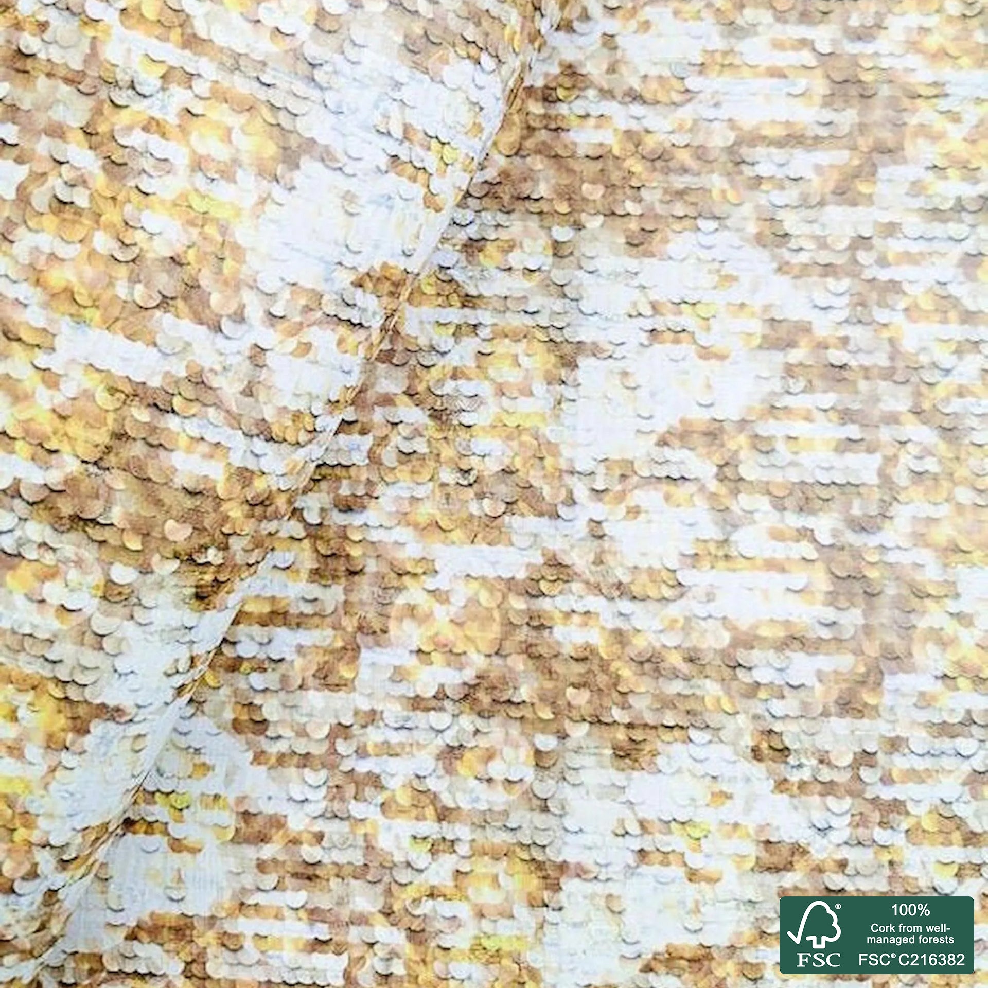 Shiny sequins printed pattern on white cork fabric (440)